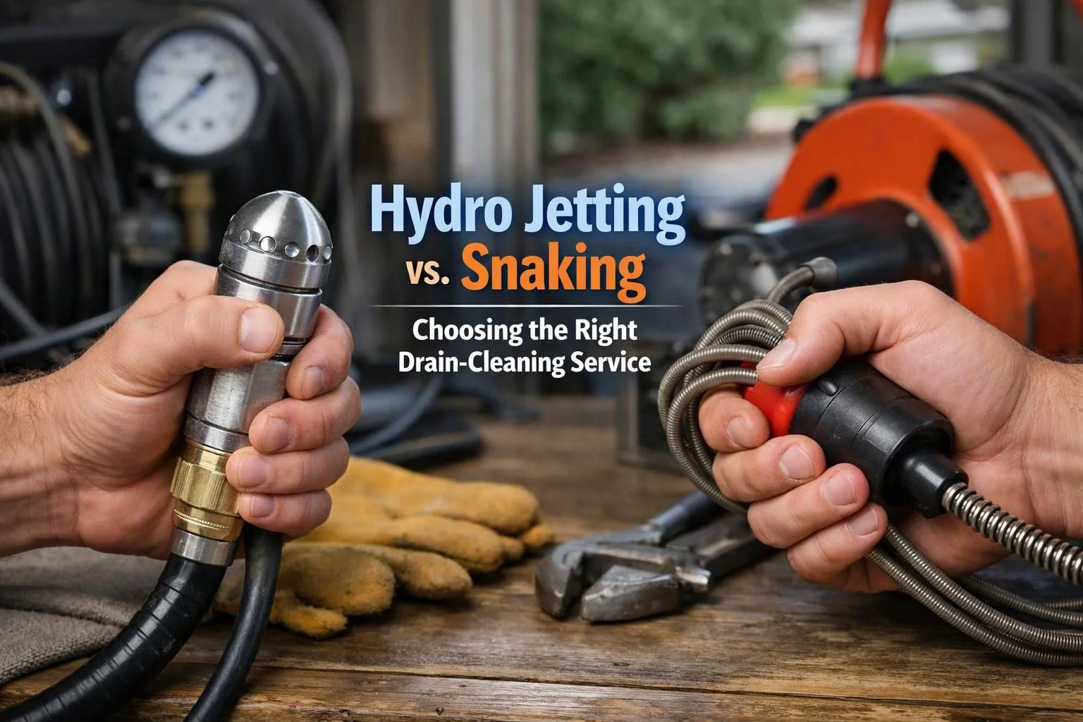 Hands compare two drain-cleaning tools on a workbench beside text reading “Hydro Jetting vs. Snaking”