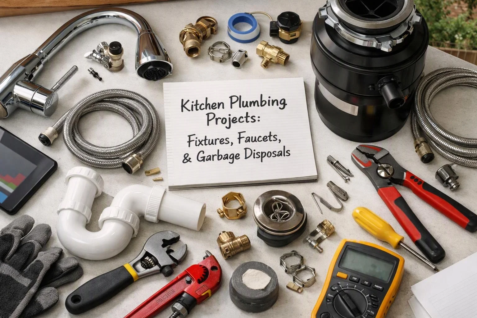 Plumbing tools, pipes, and fittings surround a note reading “Kitchen Plumbing Projects” on a work surface