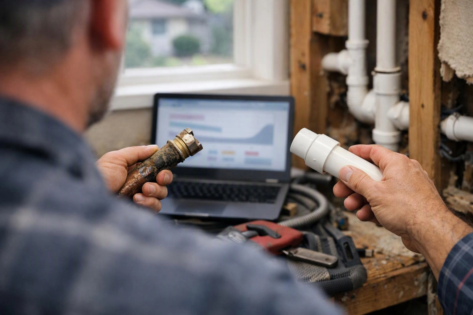 A plumber holds a rusty pipe and a white PVC fitting in front of a laptop and exposed plumbing