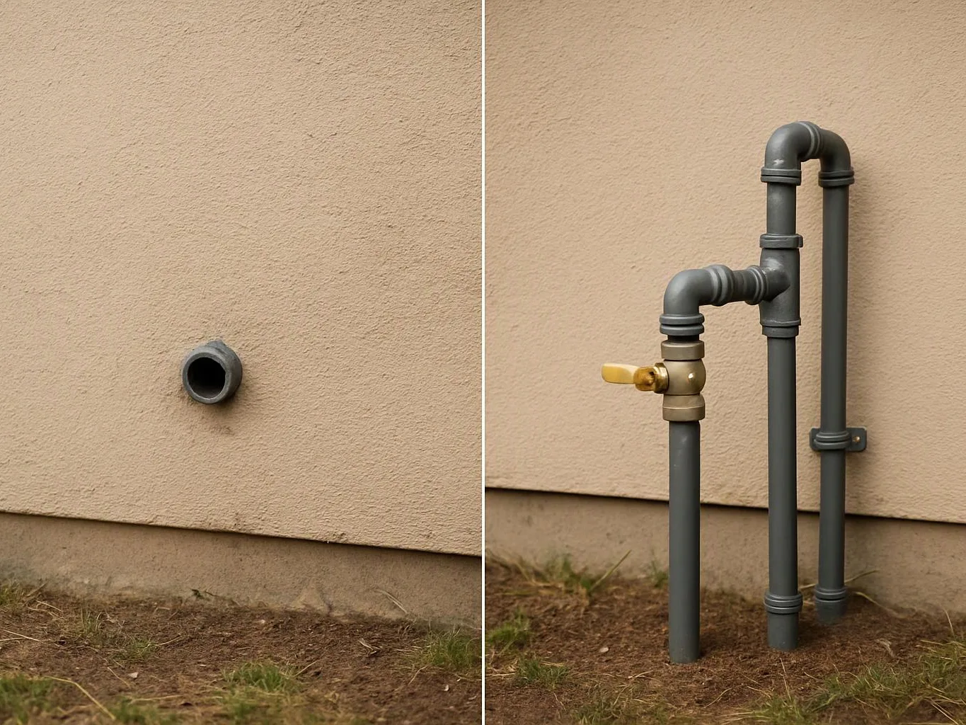 A beige stucco wall shows a pipe opening beside installed gray pipes with a brass valve outdoors