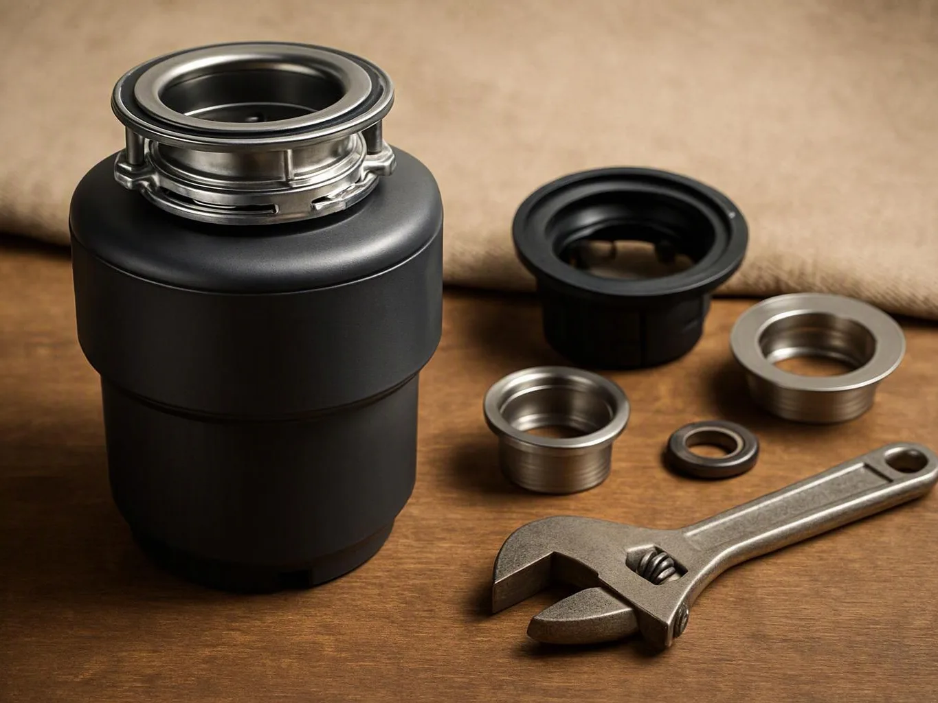 A black cup-like container sits beside metal rings and an adjustable wrench on a wooden surface