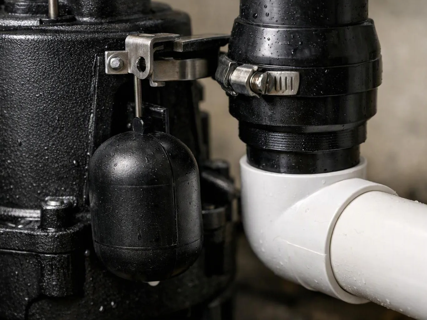 A black float switch and white PVC pipe connect to a wet mechanical pump assembly inside a basement-like space