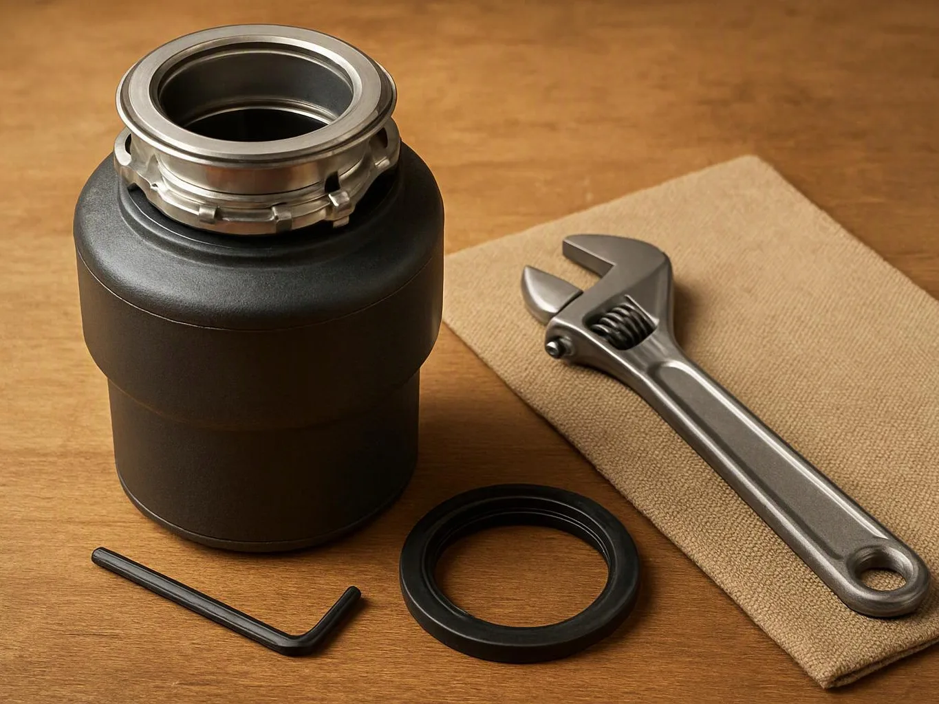A black metal container sits beside an adjustable wrench, an Allen key, and a rubber ring on a wooden table
