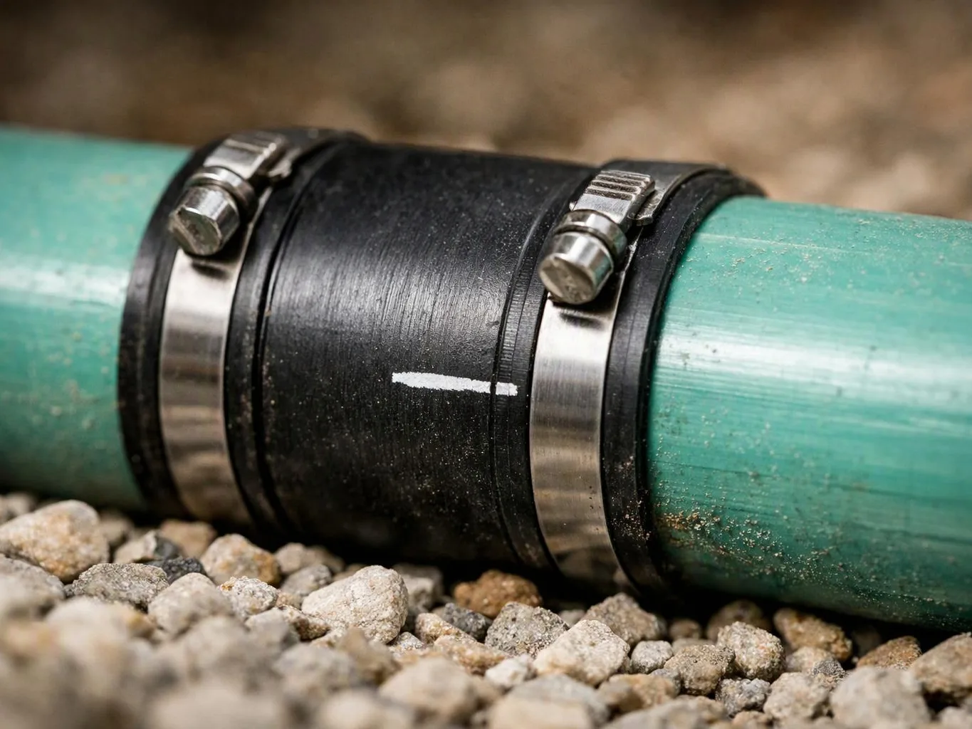 A black pipe coupling joins two green pipes lying on gravel outdoors