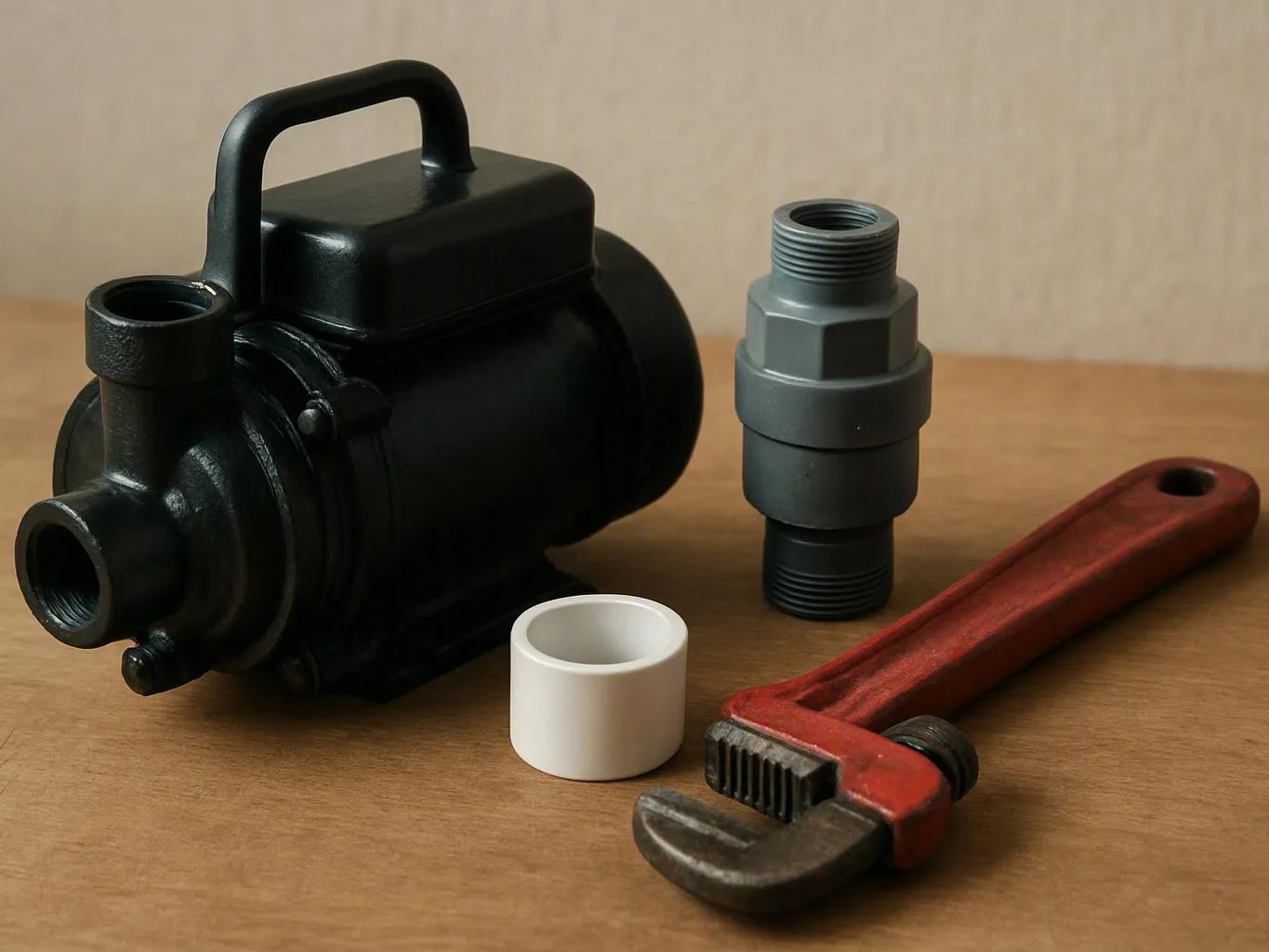 A black pump, gray fitting, white ring, and red wrench rest on a wooden table