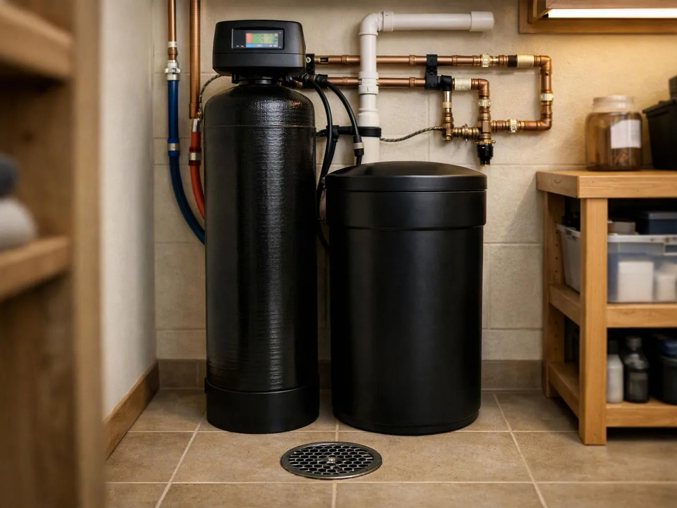 Black water treatment tanks and pipes stand in a tiled utility room beside a wooden shelf