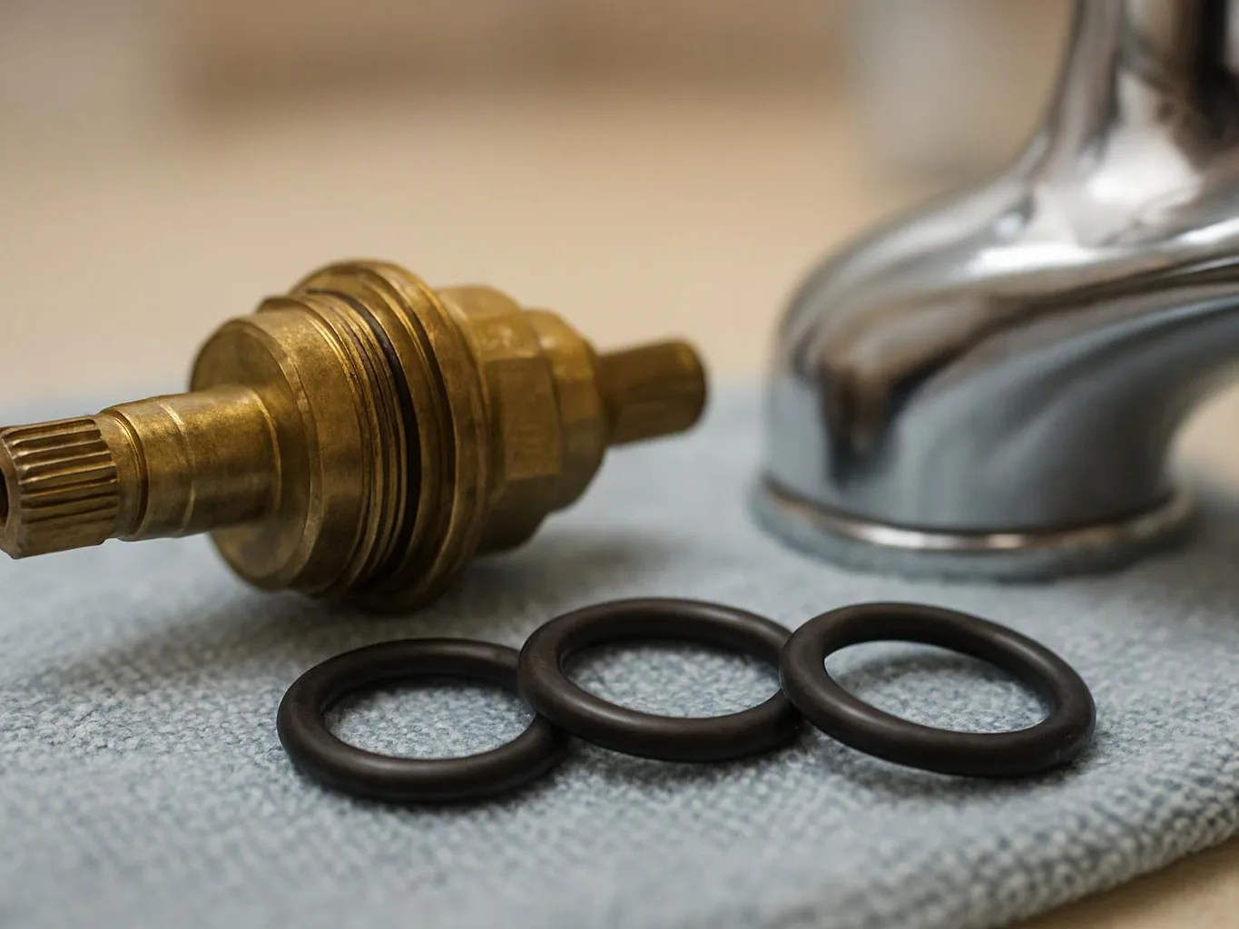 A brass faucet valve, three black O-rings, and a chrome pipe fitting rest on a cloth surface