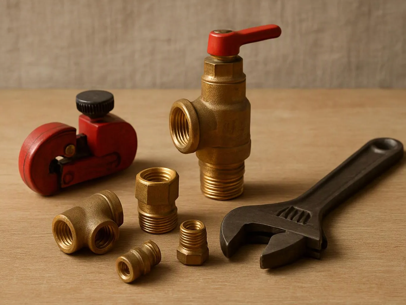 Brass pipe fittings and a red valve sit beside a red cutter and an adjustable wrench on wood