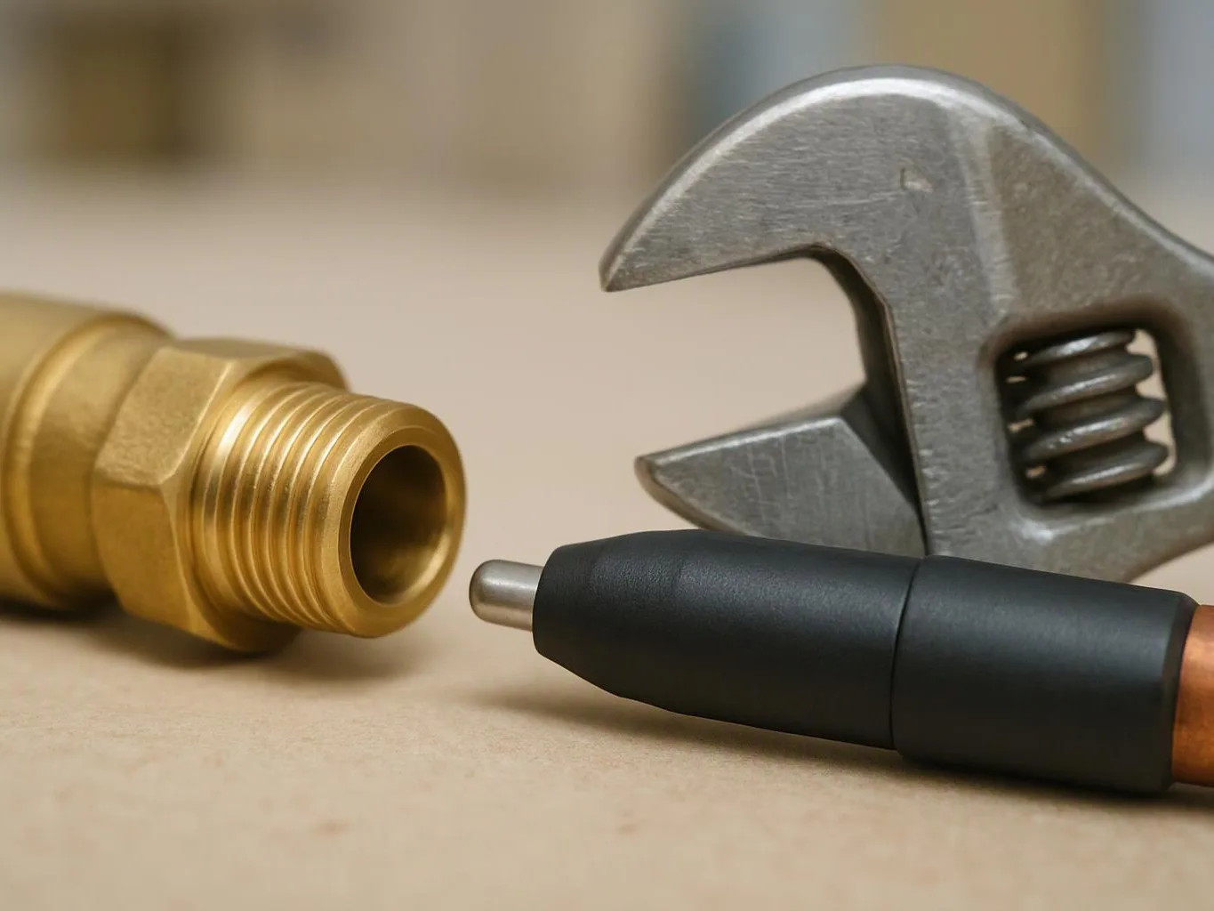 A brass threaded fitting, adjustable wrench, and black connector rest on a beige surface