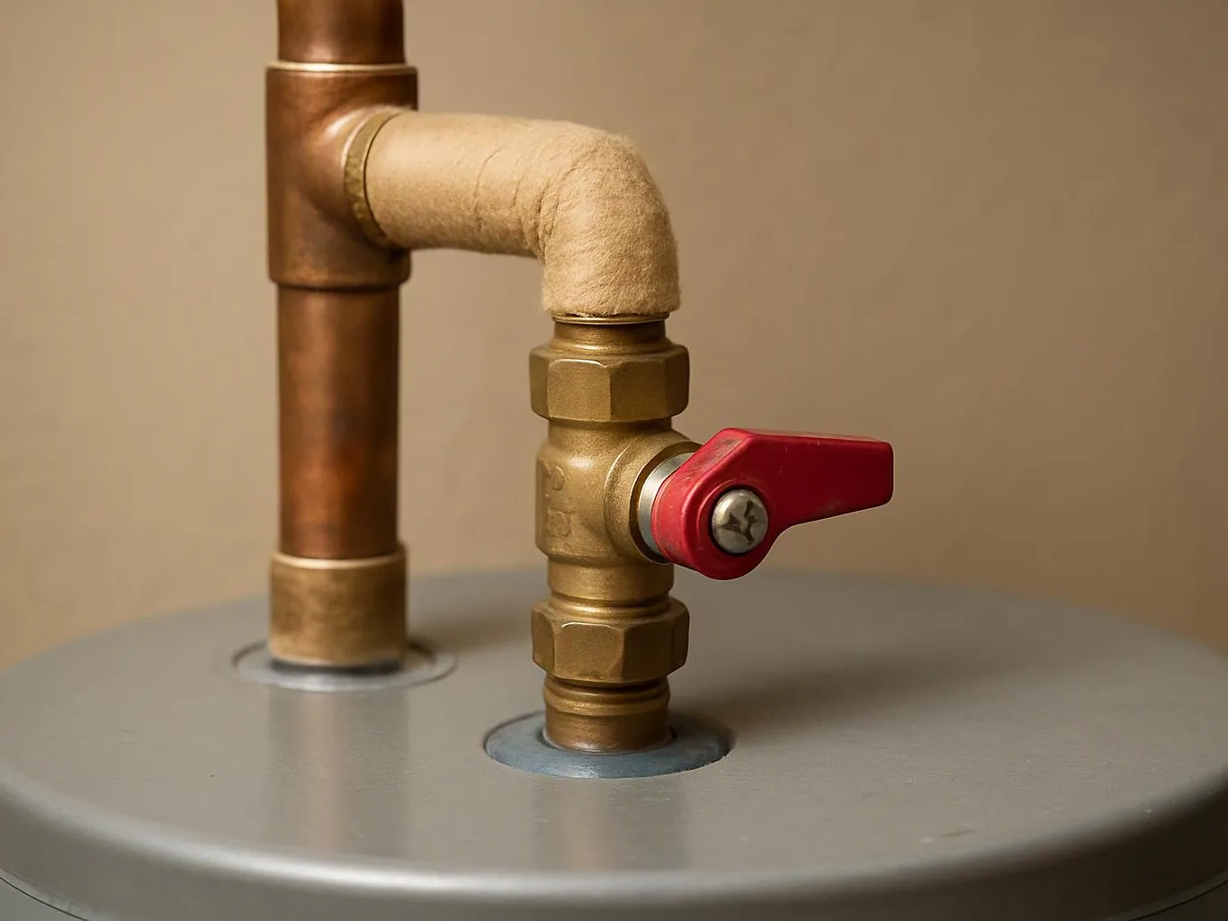 A brass valve with a red handle connects to insulated copper pipes on a gray metal surface