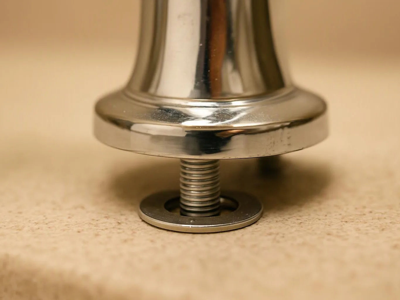 A chrome furniture leg sits on a beige floor, with a threaded foot and metal base plate visible