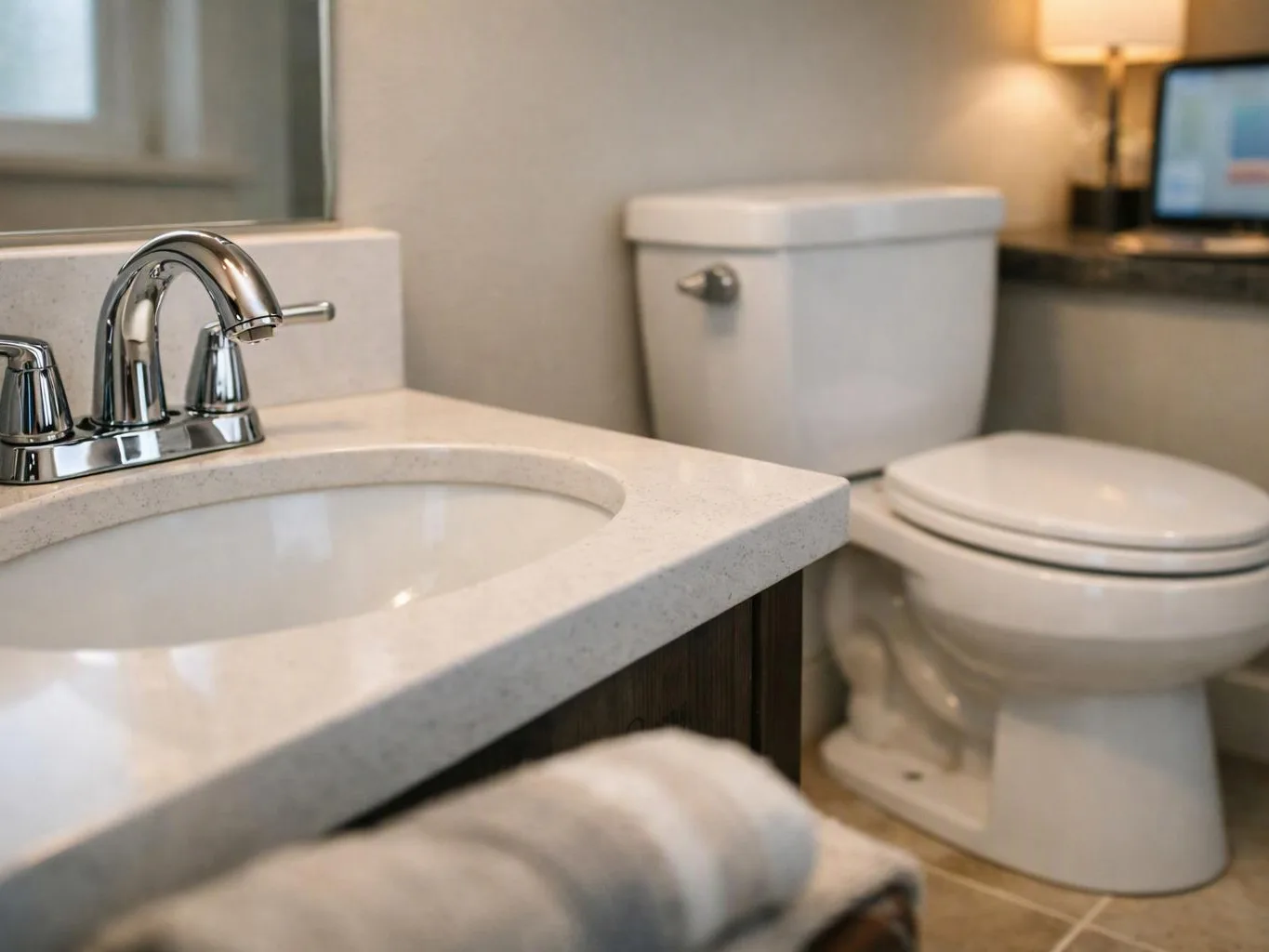 A clean bathroom shows a sink, toilet, and mirror beside a warm lamp-lit counter