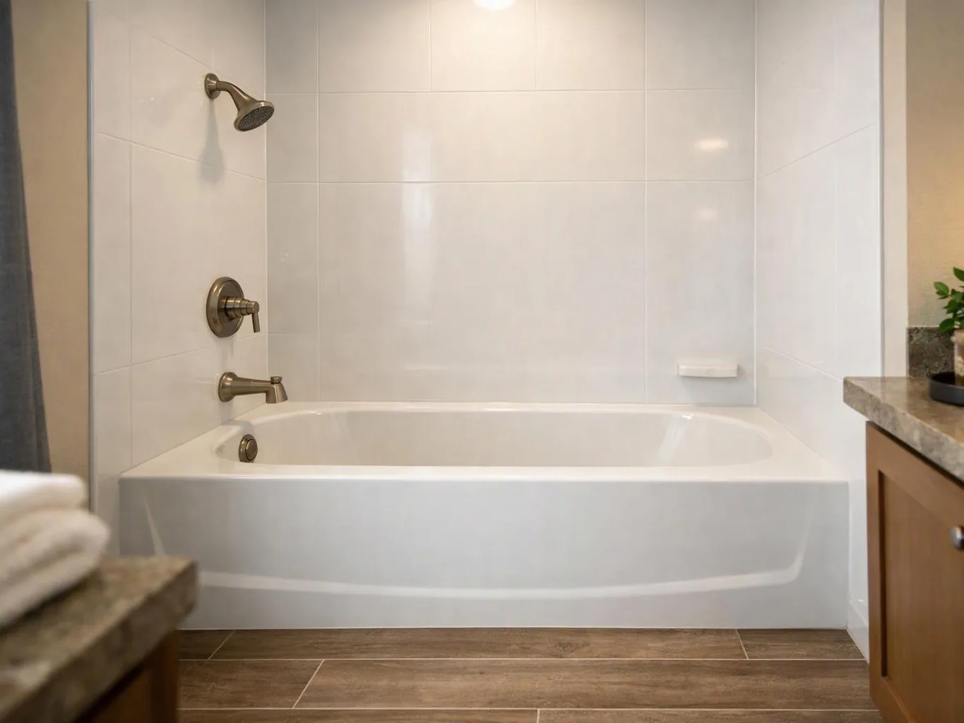 A clean bathroom shows a white bathtub with shower fixtures, tiled walls, wood-look floor, and granite counters