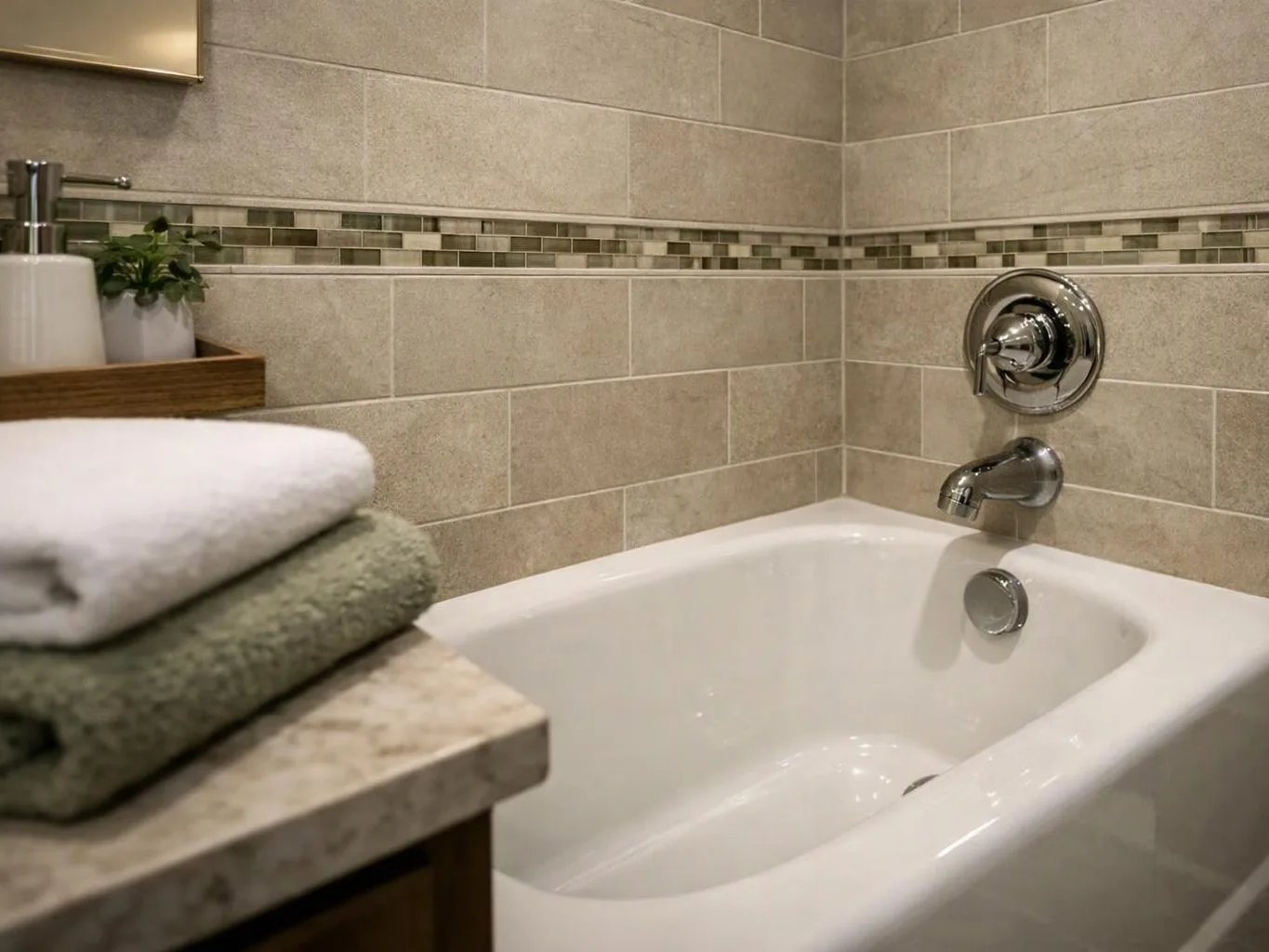 A clean bathroom shows a white bathtub, tiled walls, and folded towels on a counter