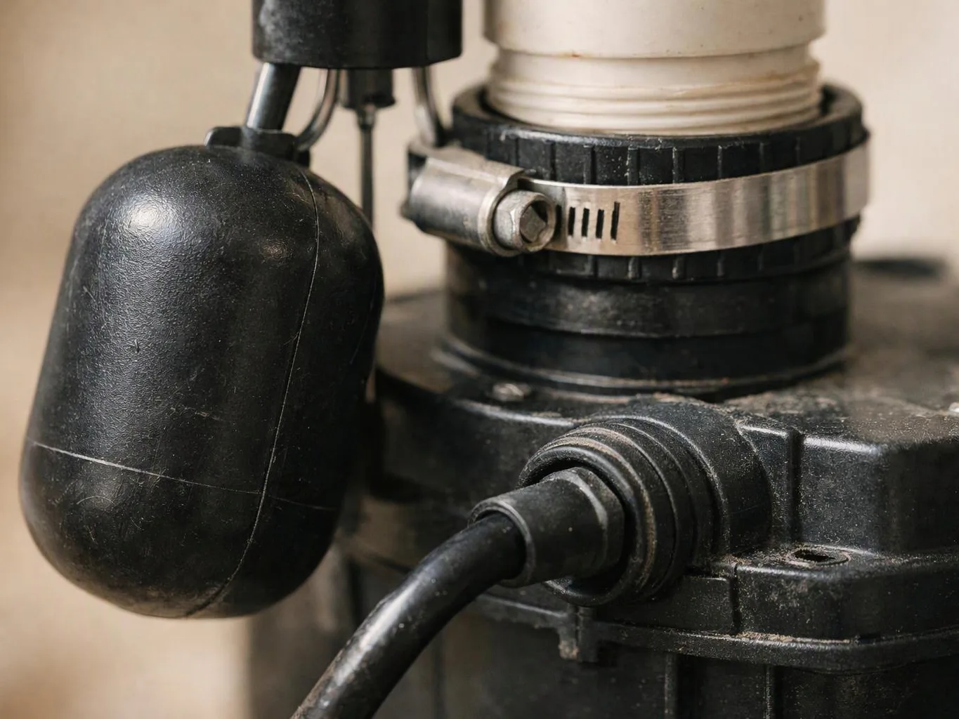 Close-up of a black mechanical pump with hoses, clamps, and a small floating switch against a plain background