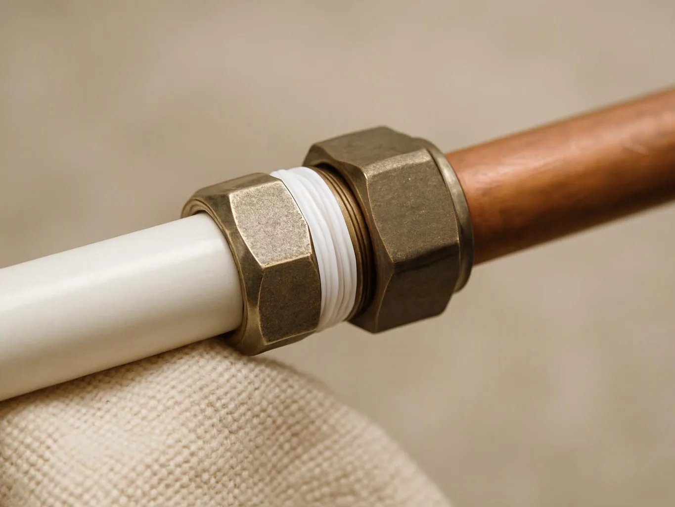 Close-up of brass plumbing fittings joining a white plastic pipe to a copper pipe on a beige surface