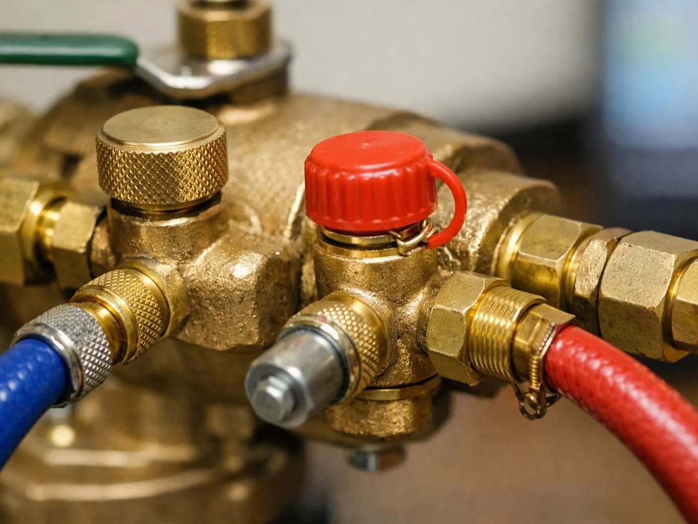 Close-up of brass plumbing valves with red, blue, and gray hoses connected to a metal manifold