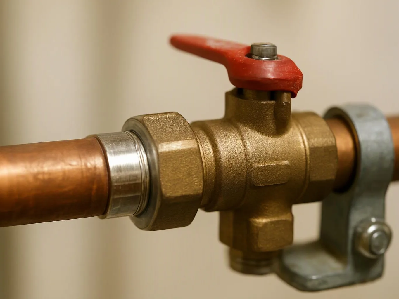 Close-up of a brass shutoff valve on copper piping with a red lever handle