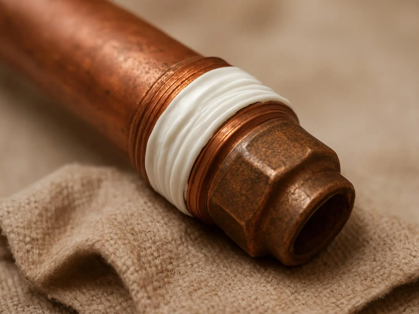 Close-up of a copper pipe fitting wrapped with white tape, resting on beige fabric