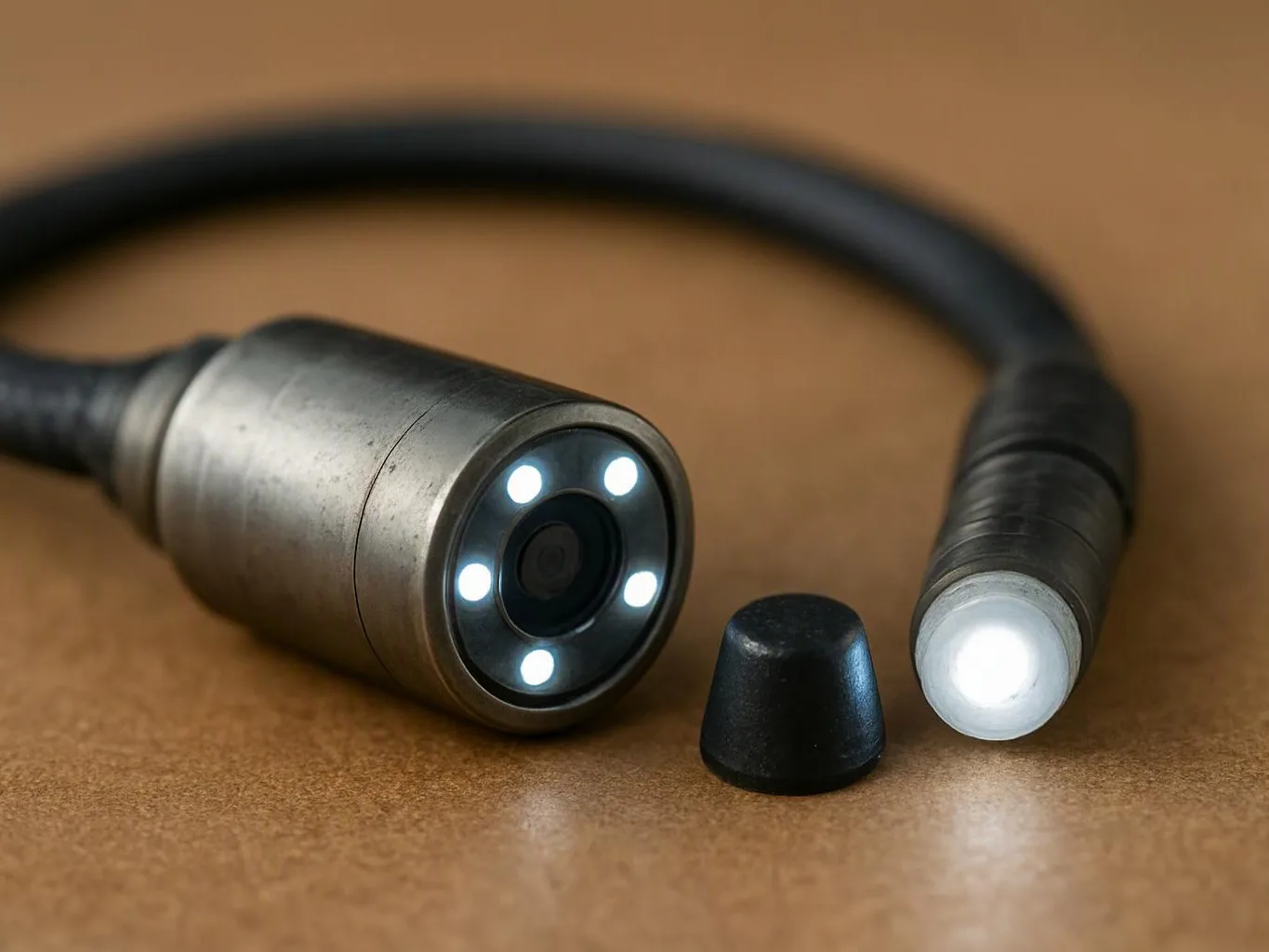 A close-up shows a flexible inspection camera with bright LEDs and a small black cap on a brown surface