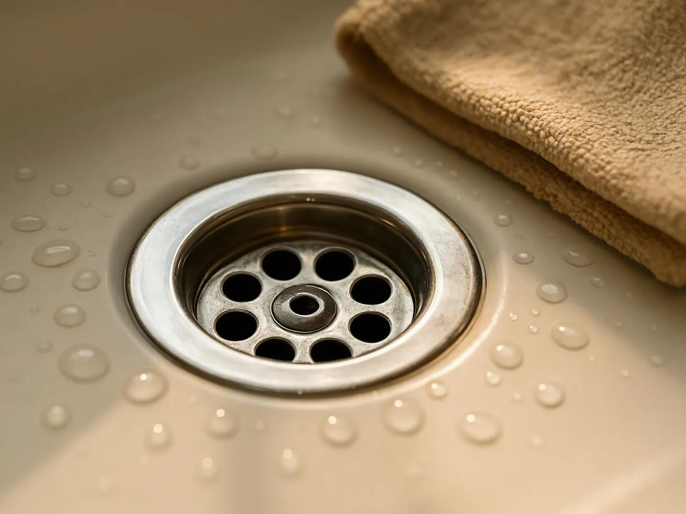 Close-up of a wet sink drain with water droplets and a folded beige towel nearby