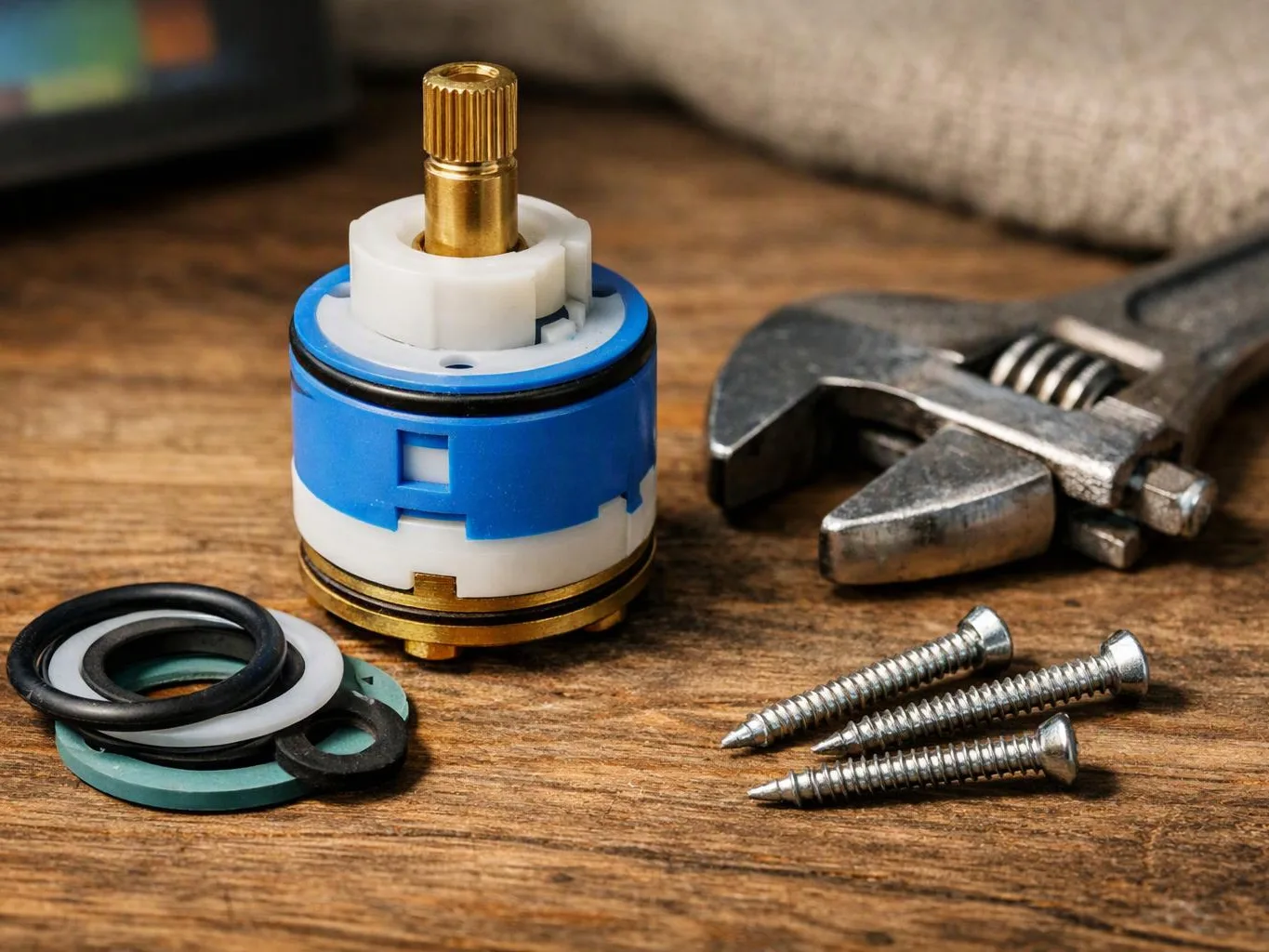 A faucet valve cartridge sits on a wooden surface beside an adjustable wrench, screws, and rubber rings