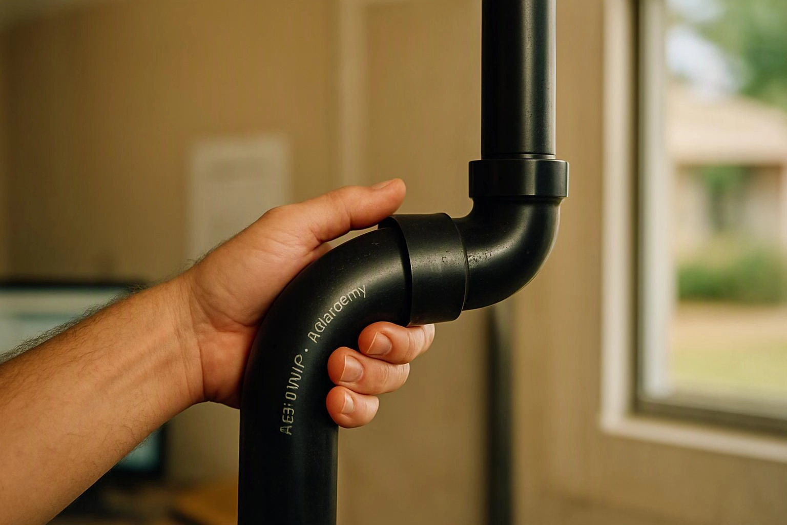 A hand grips a black plastic pipe elbow beside a bright window in a room