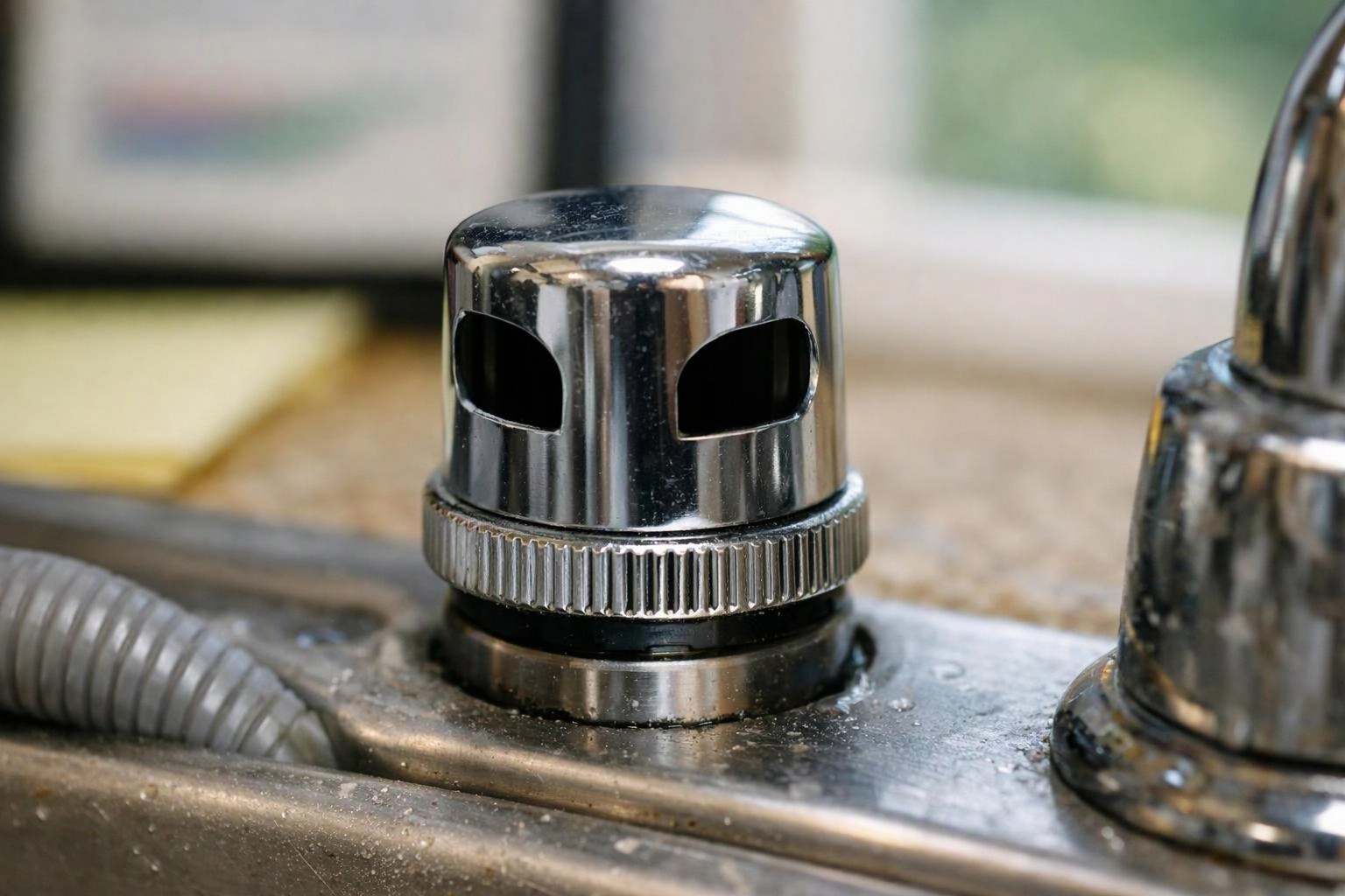 A shiny chrome faucet aerator sits on a kitchen sink with a flexible hose beside it