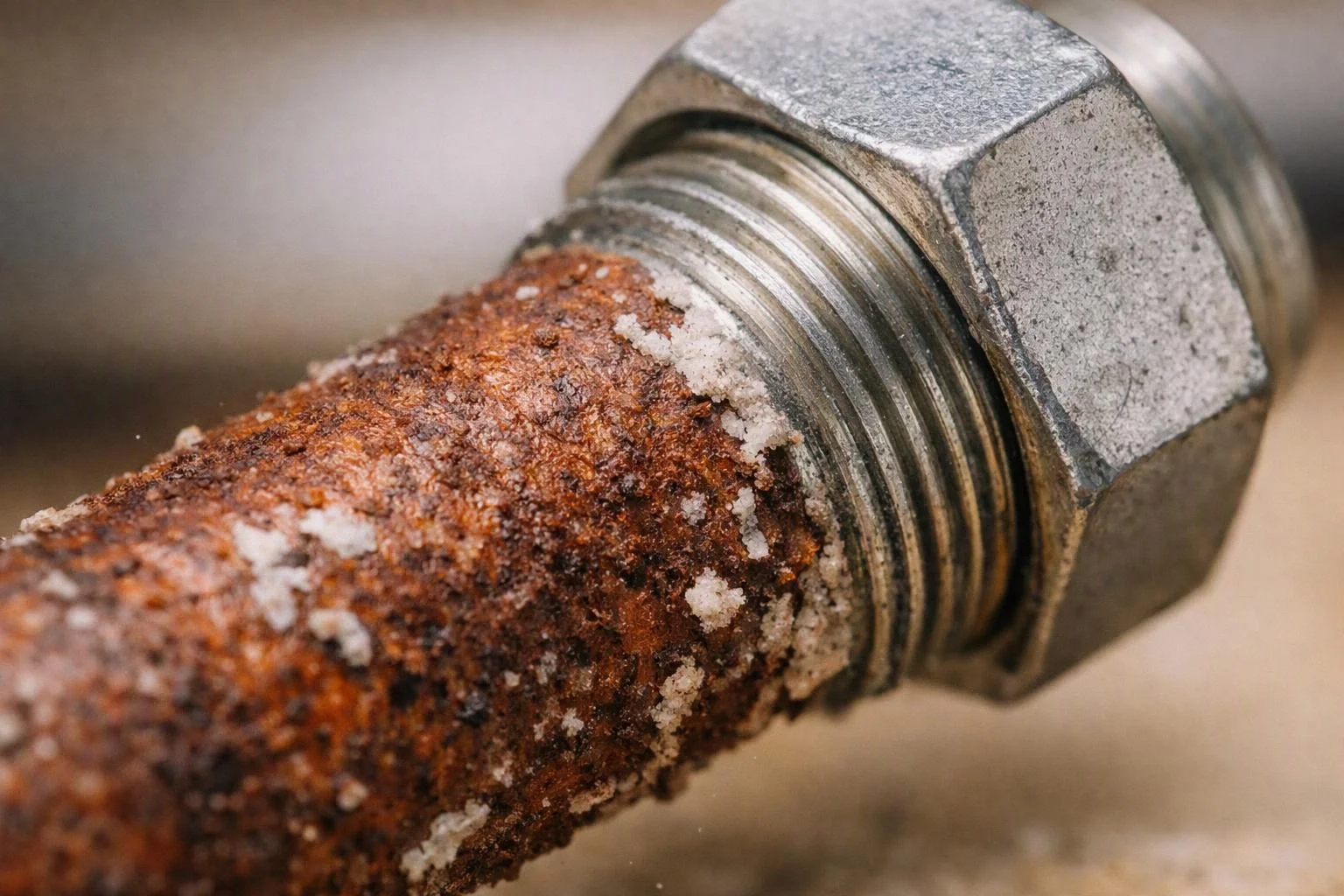 A rust-covered metal pipe with a hex fitting and white mineral buildup fills the close-up frame
