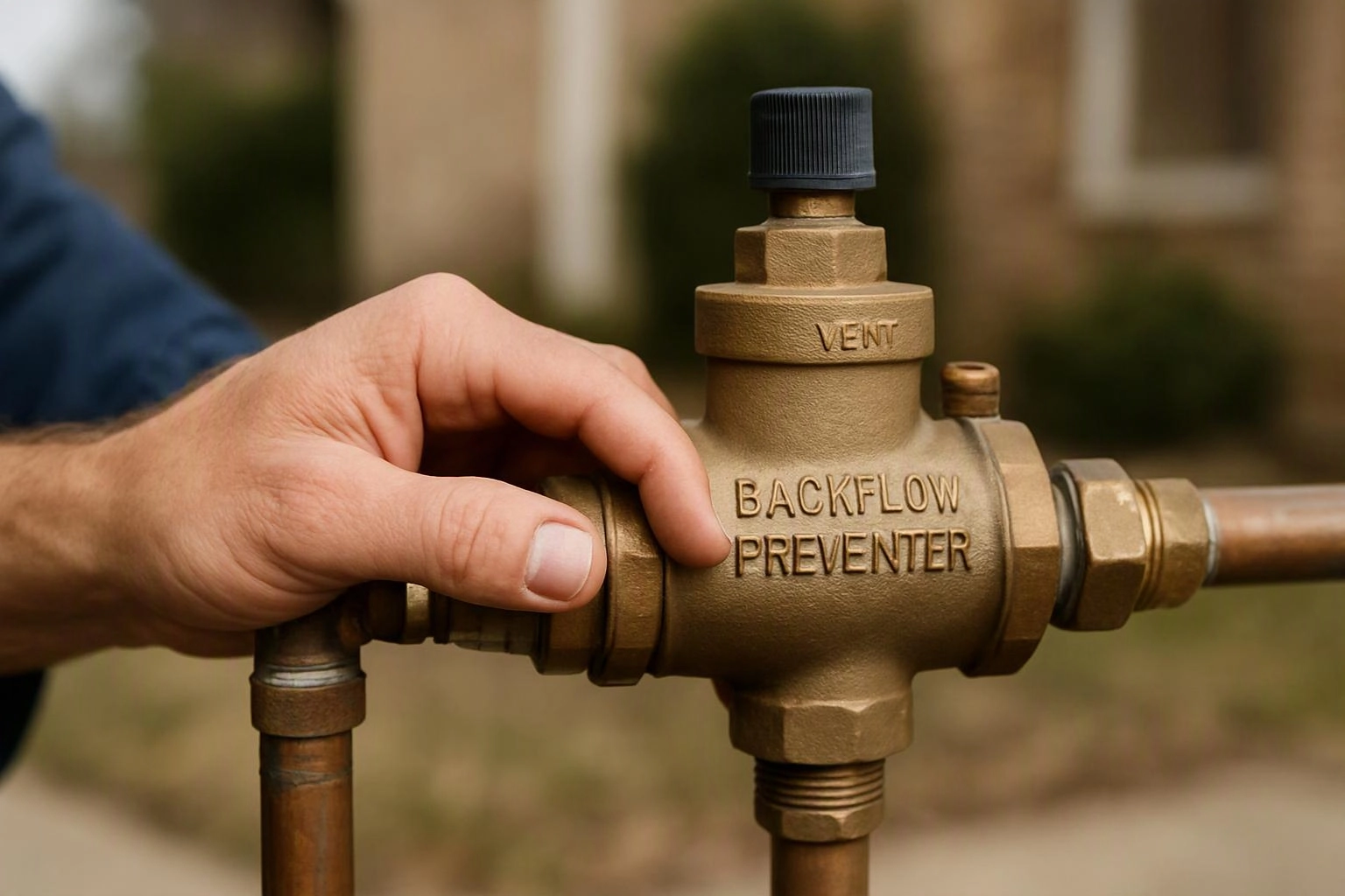 A hand holds a brass backflow preventer attached to copper pipes outdoors