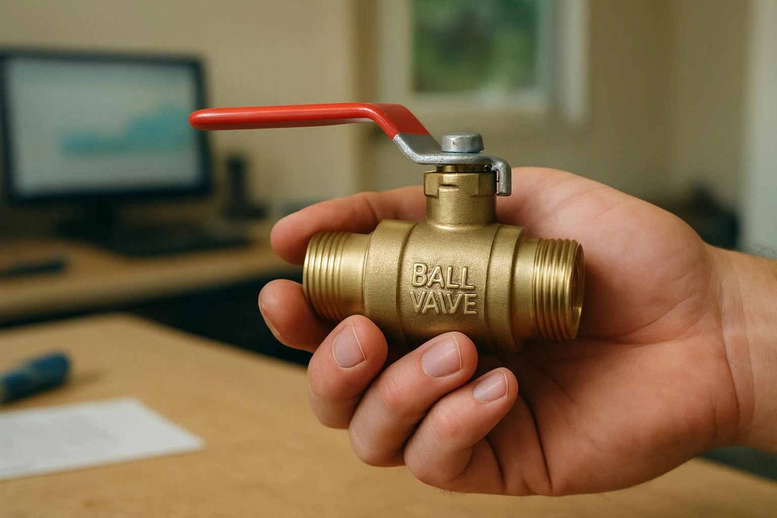 A hand holds a brass ball valve with a red lever in front of a blurred desk and computer monitor