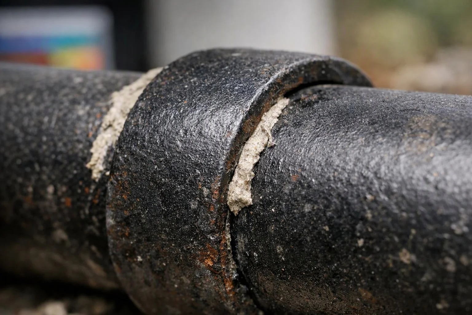 A close-up shows a black corroded pipe joint with cracked white sealant outdoors