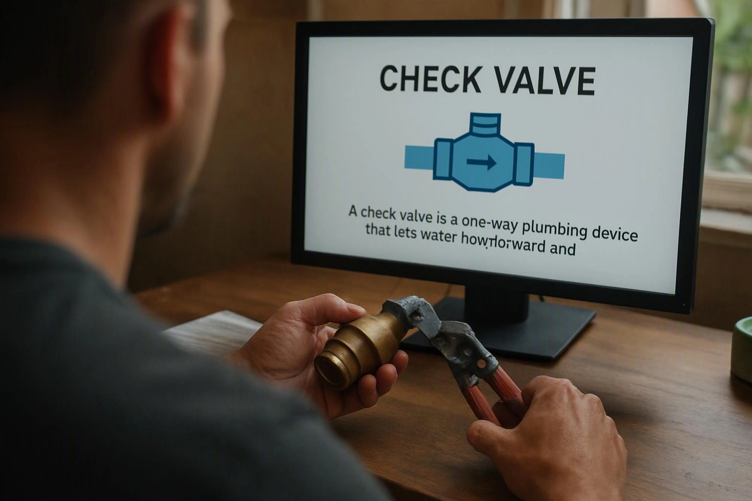 A person holds a brass plumbing fitting and pliers while reading a screen about a check valve