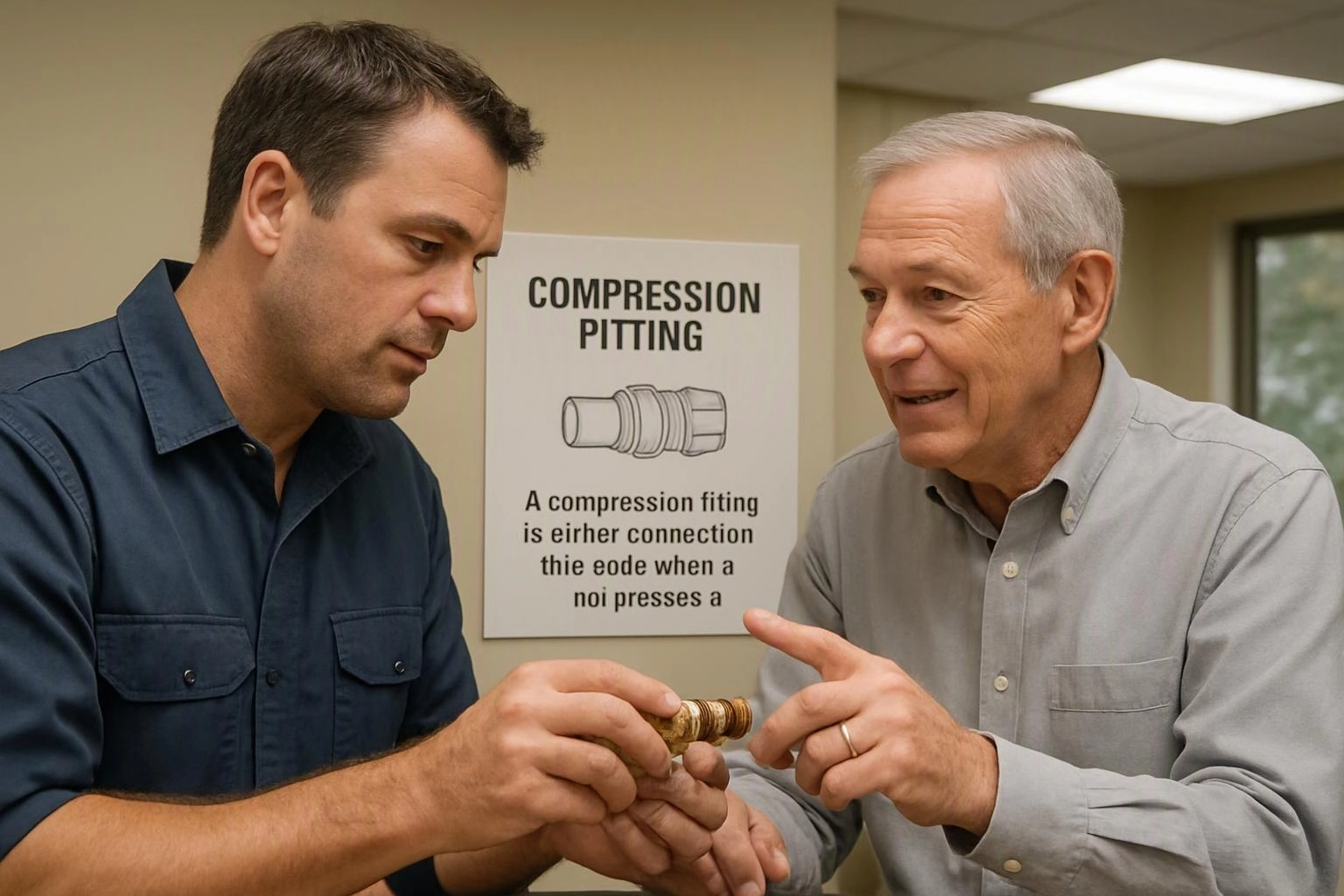 Two men study a metal plumbing fitting indoors, while a wall poster reads "COMPRESSION PITTING"