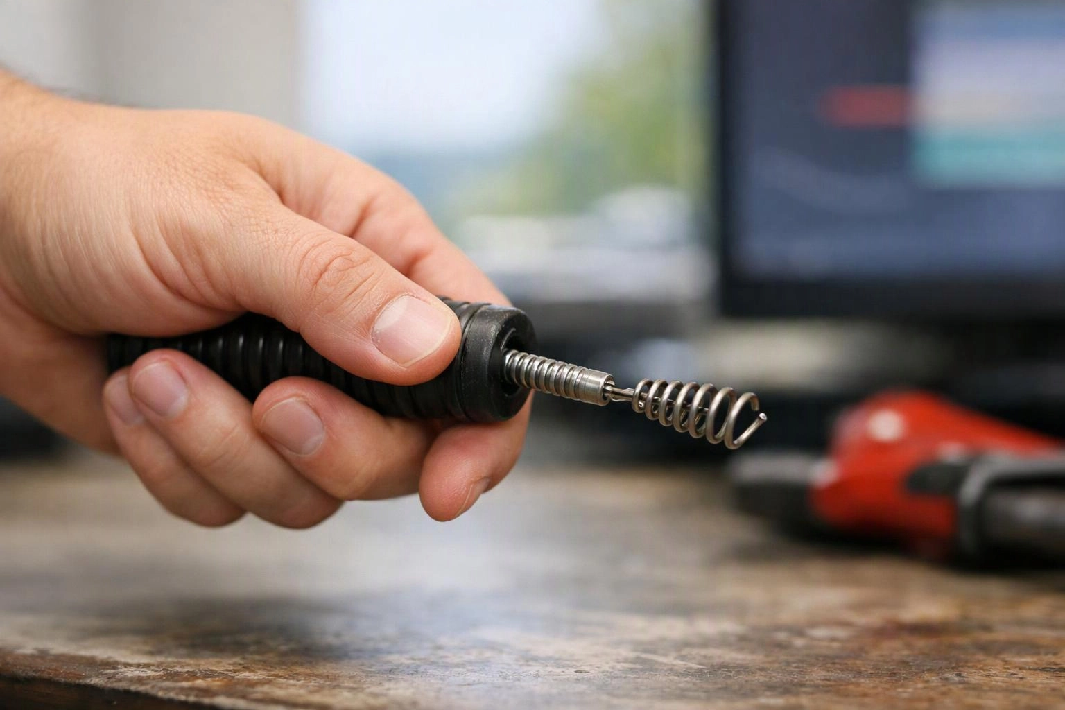 A hand holds a black cable with a metal spring tip over a workbench, with a blurred tool in the background