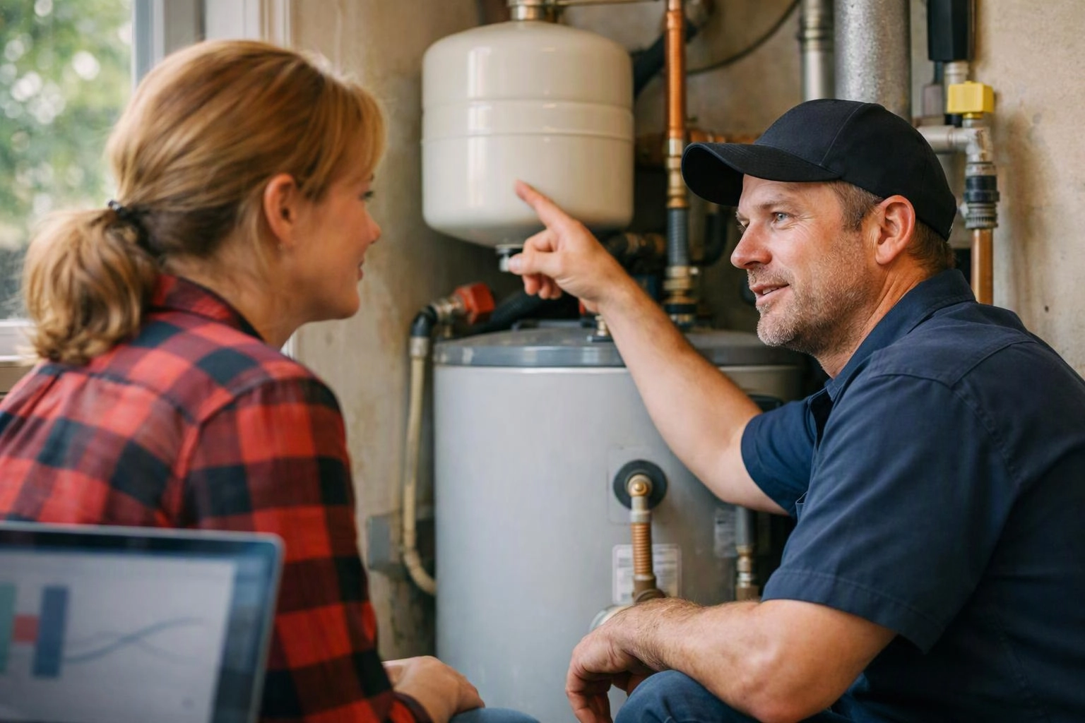 A plumber points at a water heater while talking to a woman inside a utility room