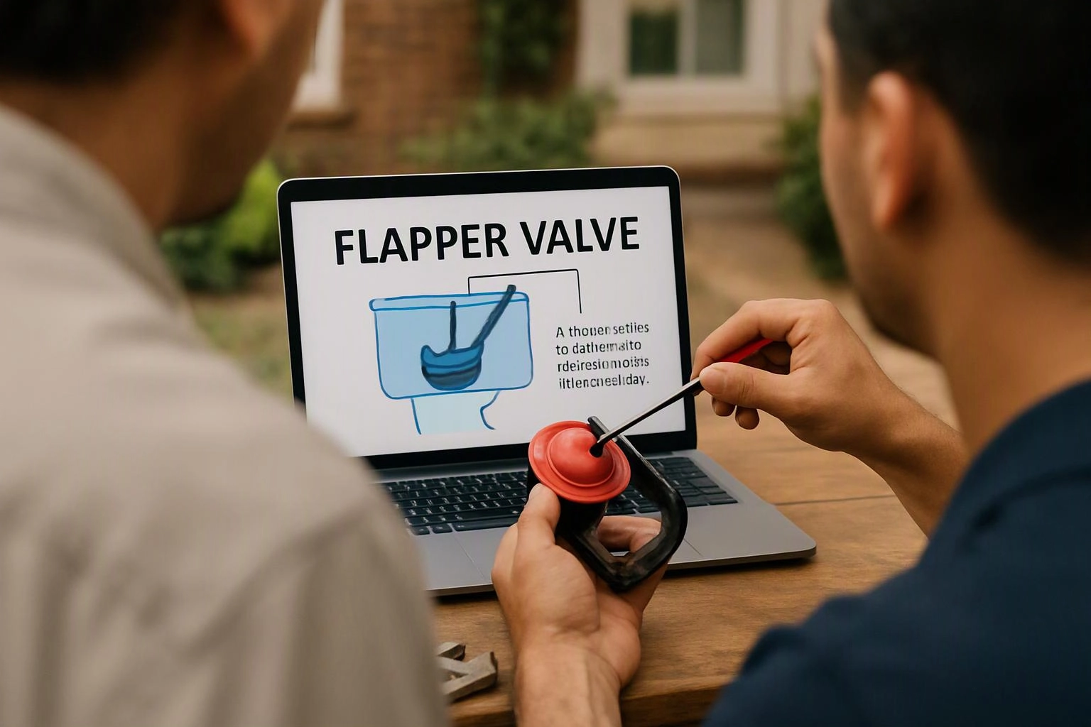 Two people study a laptop diagram labeled flapper valve while one holds a plunger and points at it