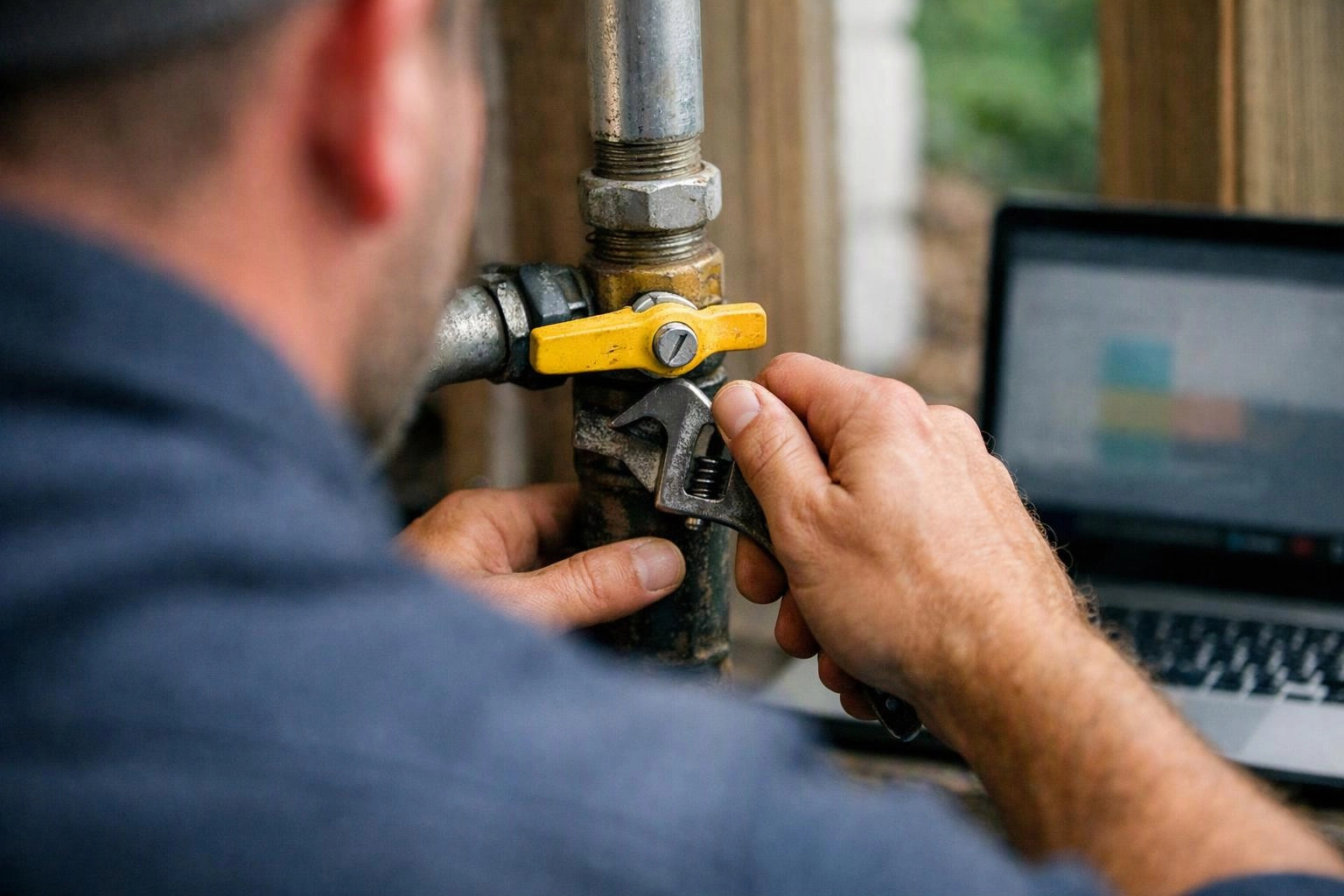 A person adjusts a pipe valve with a wrench beside an open laptop outdoors