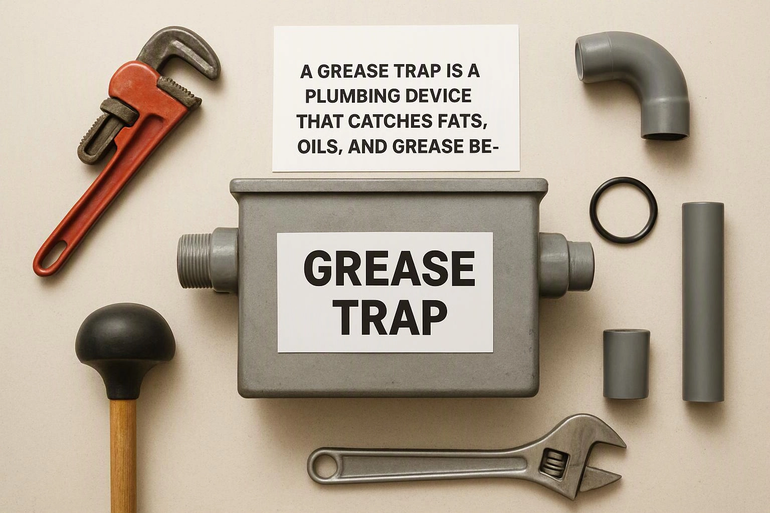 A gray grease trap sits among plumbing parts, with wrenches and labels on a beige surface