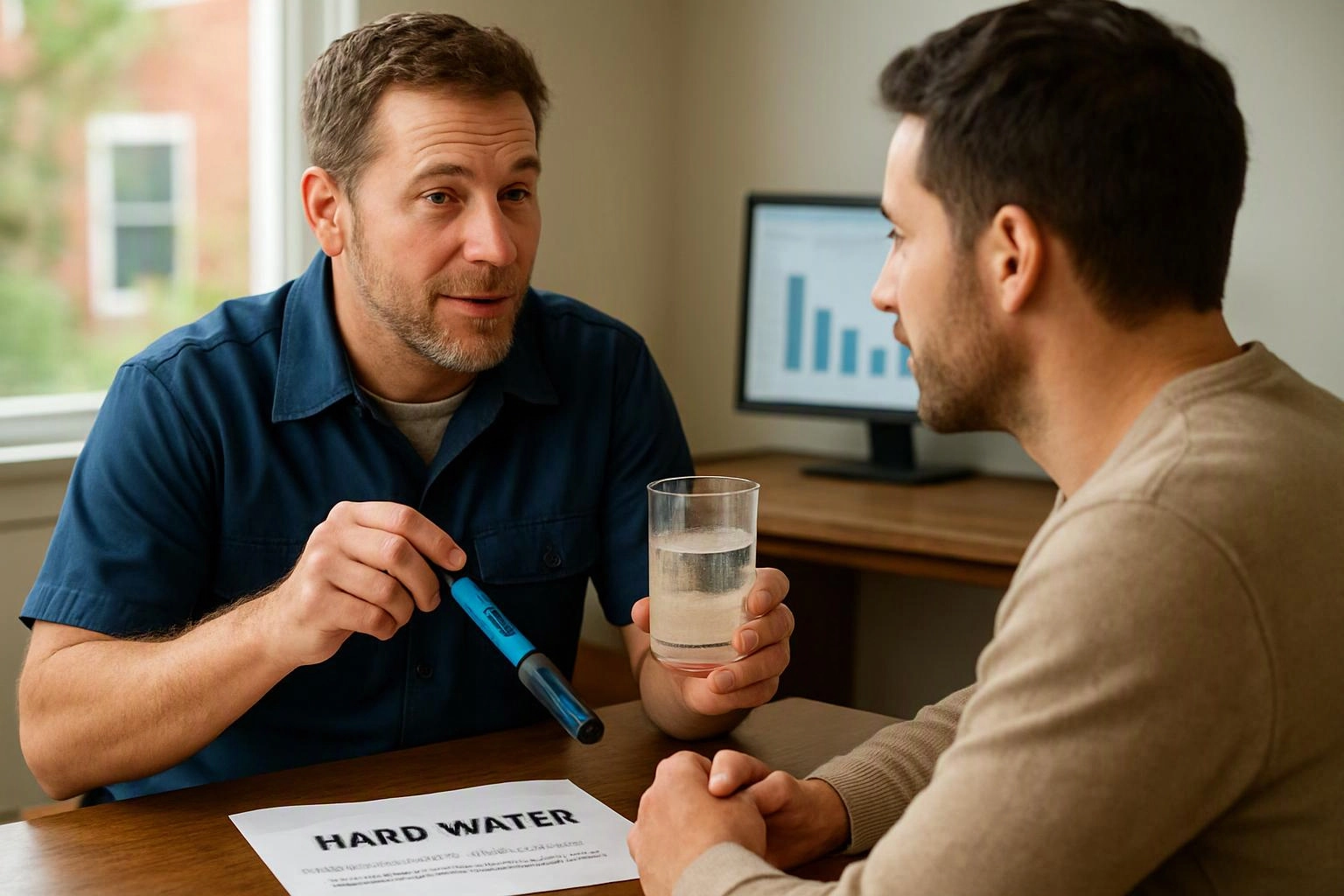 Two men discuss water quality at a desk, with a hardness test tube, a glass, and a chart on a monitor