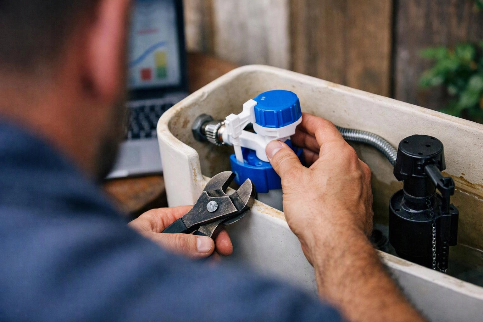 A person adjusts a toilet tank valve with pliers beside a laptop and black flush mechanism