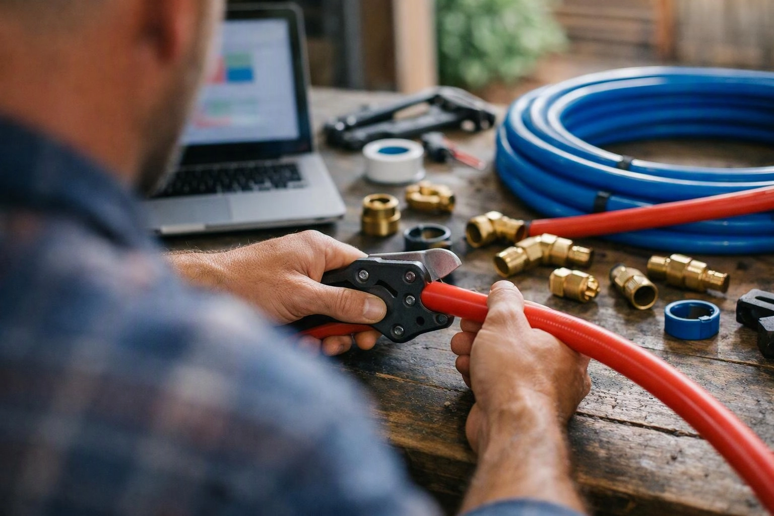 A person cuts a red plastic tube on a cluttered workbench with blue tubing, brass fittings, and a laptop nearby