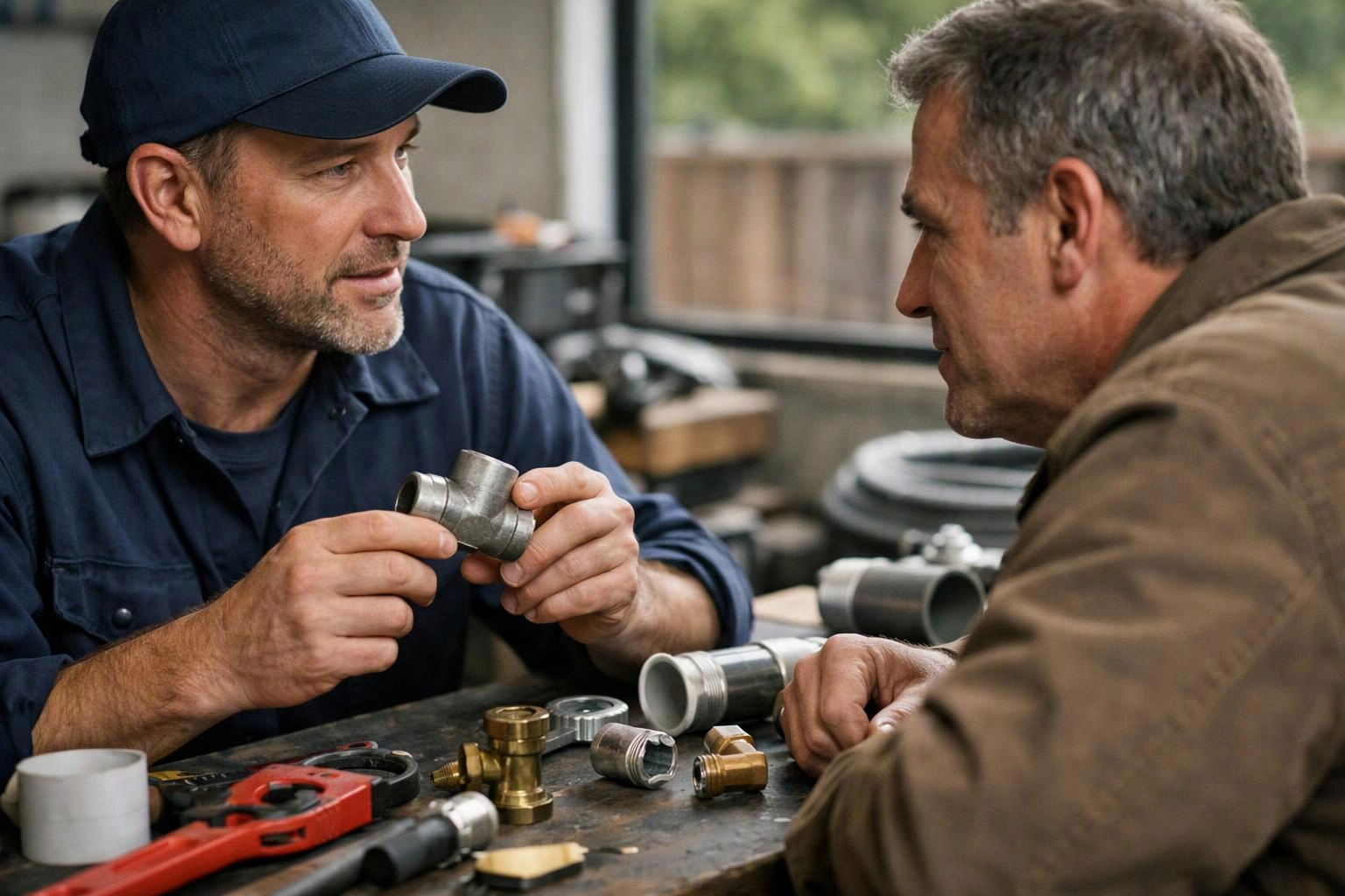Two men discuss metal pipe fittings at a workbench covered with tools and parts