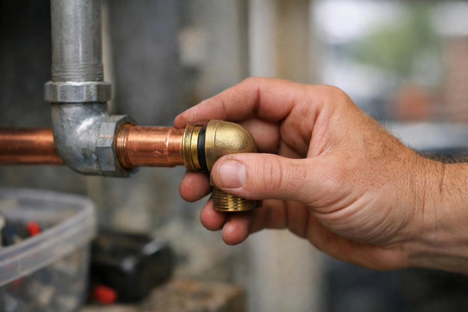 A hand fits a brass pipe fitting onto a copper pipe beside a metal elbow in a workshop