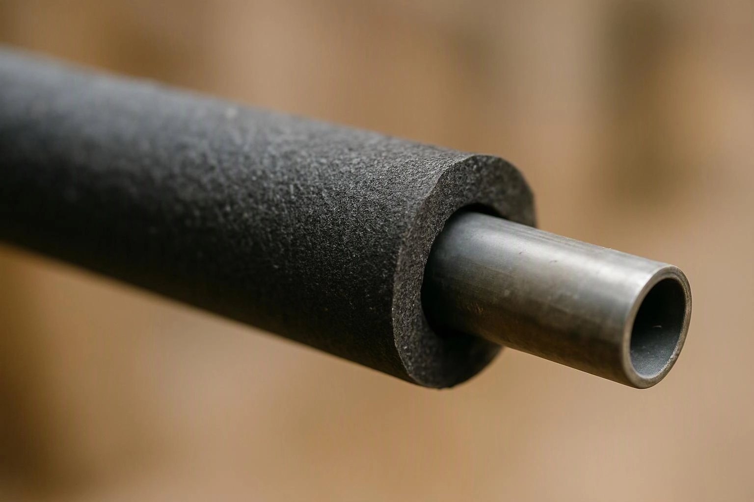 A black foam-covered metal tube extends against a blurred tan background