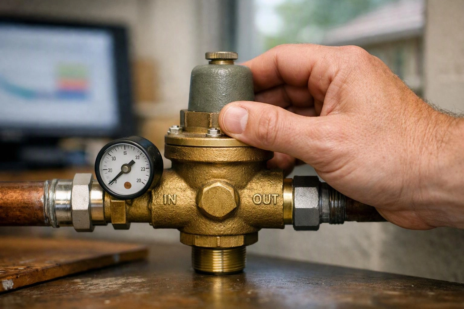 A hand adjusts a brass pressure valve with a gauge on a workbench in a blurred workshop setting