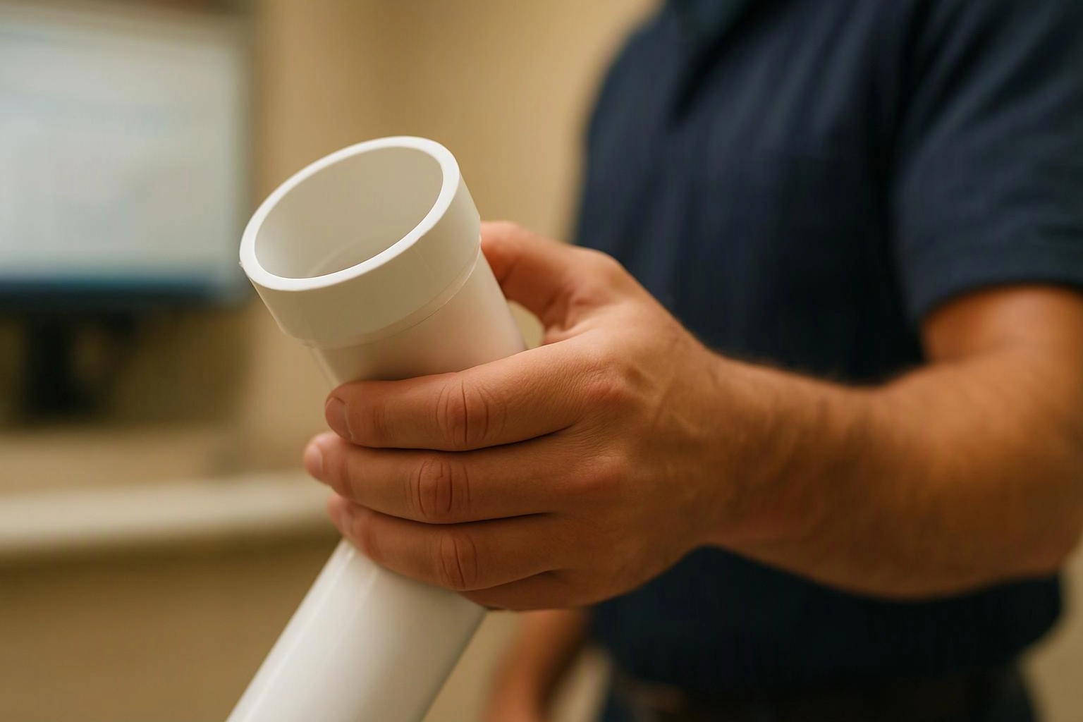 A person in a dark shirt holds a white plastic pipe indoors