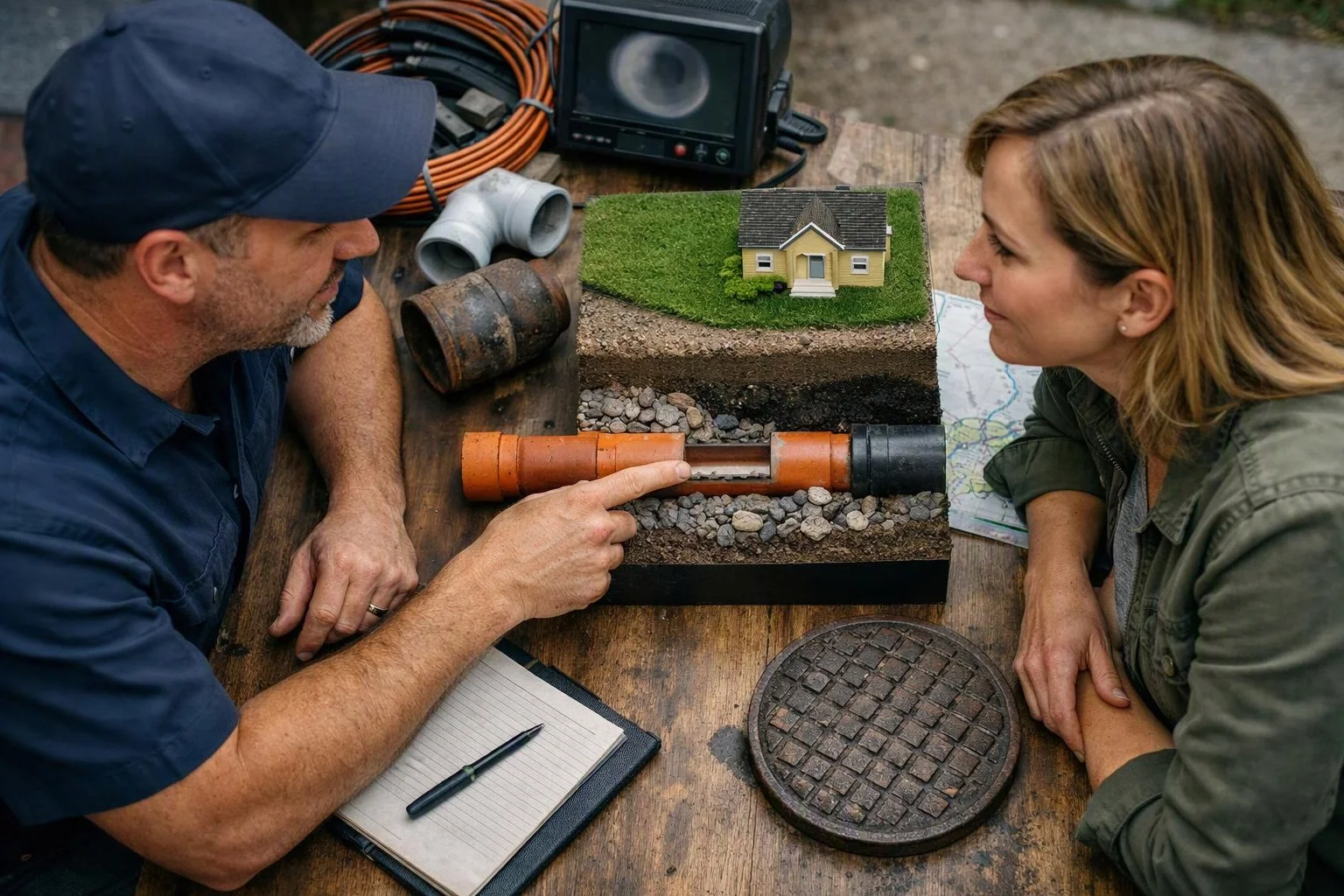 Two people examine a pipe cross-section model and tools on a wooden table outdoors