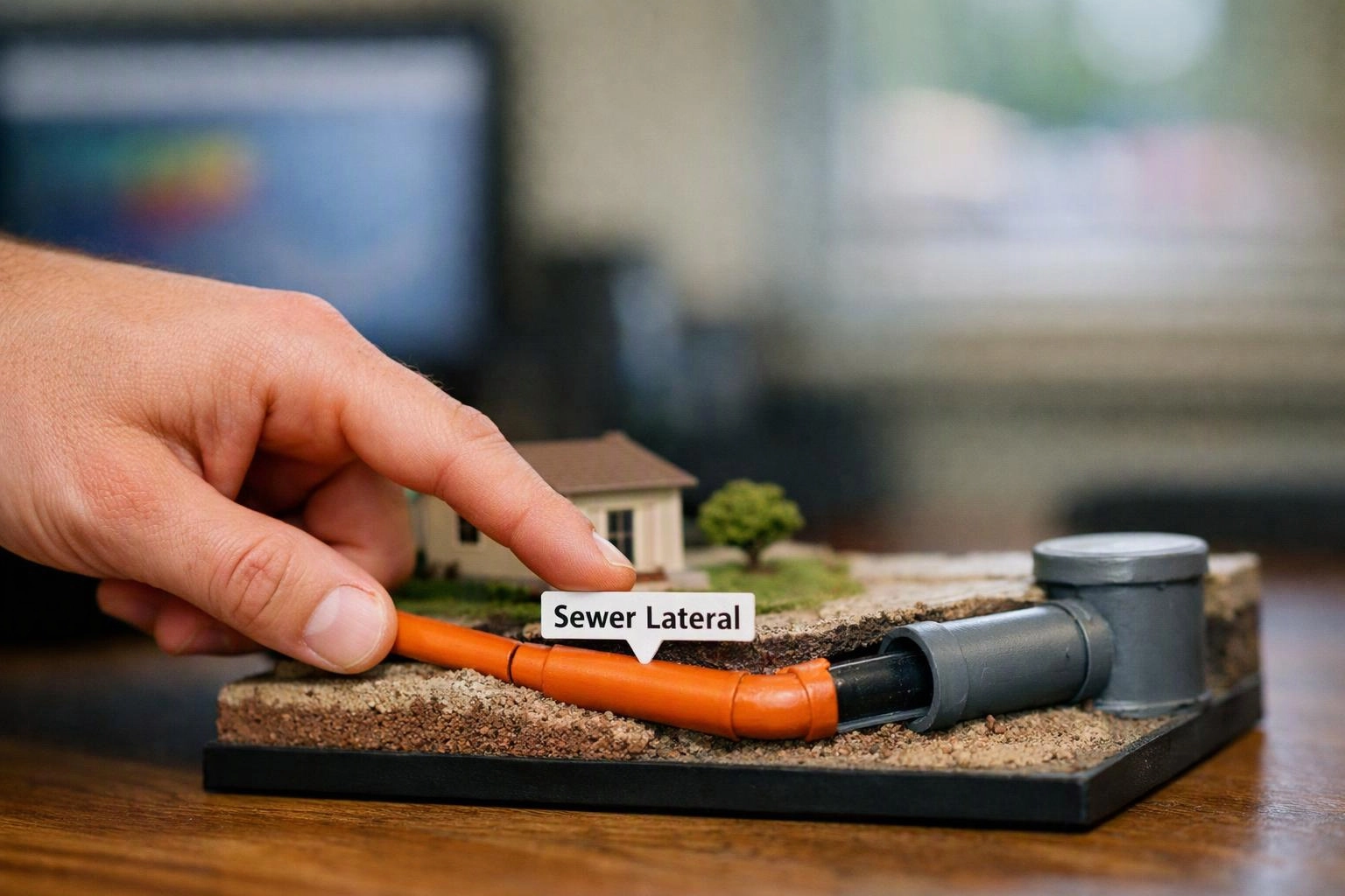 A hand points at an orange pipe model labeled Sewer Lateral on a small tabletop display