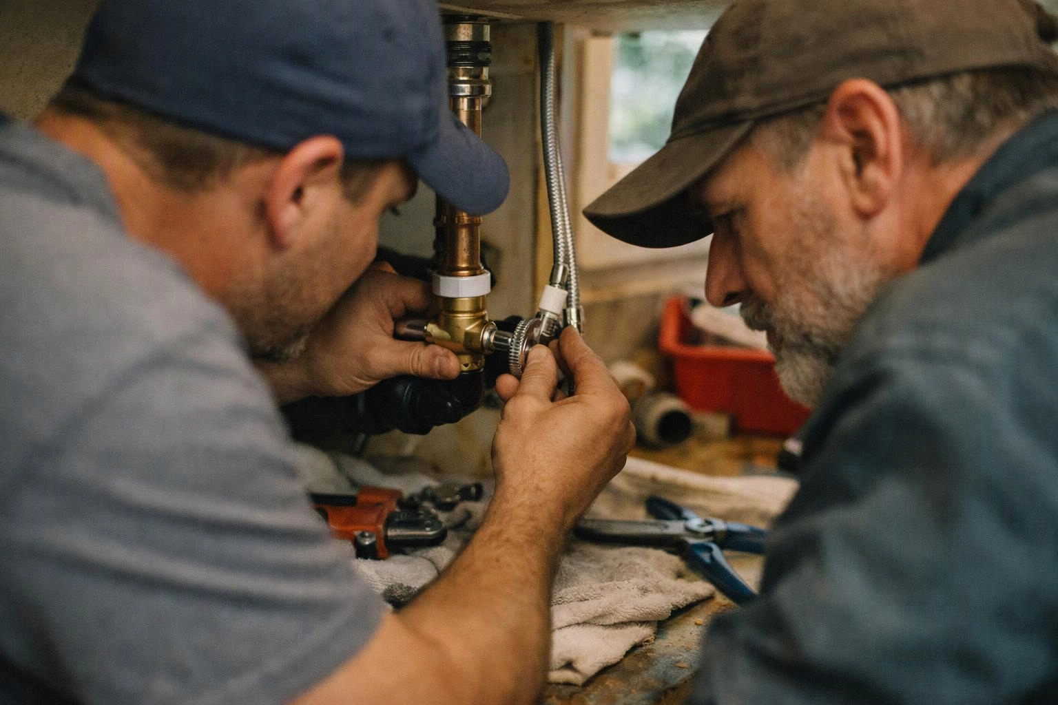 Two men in caps work closely under a sink, adjusting plumbing fittings with tools on a towel-covered surface